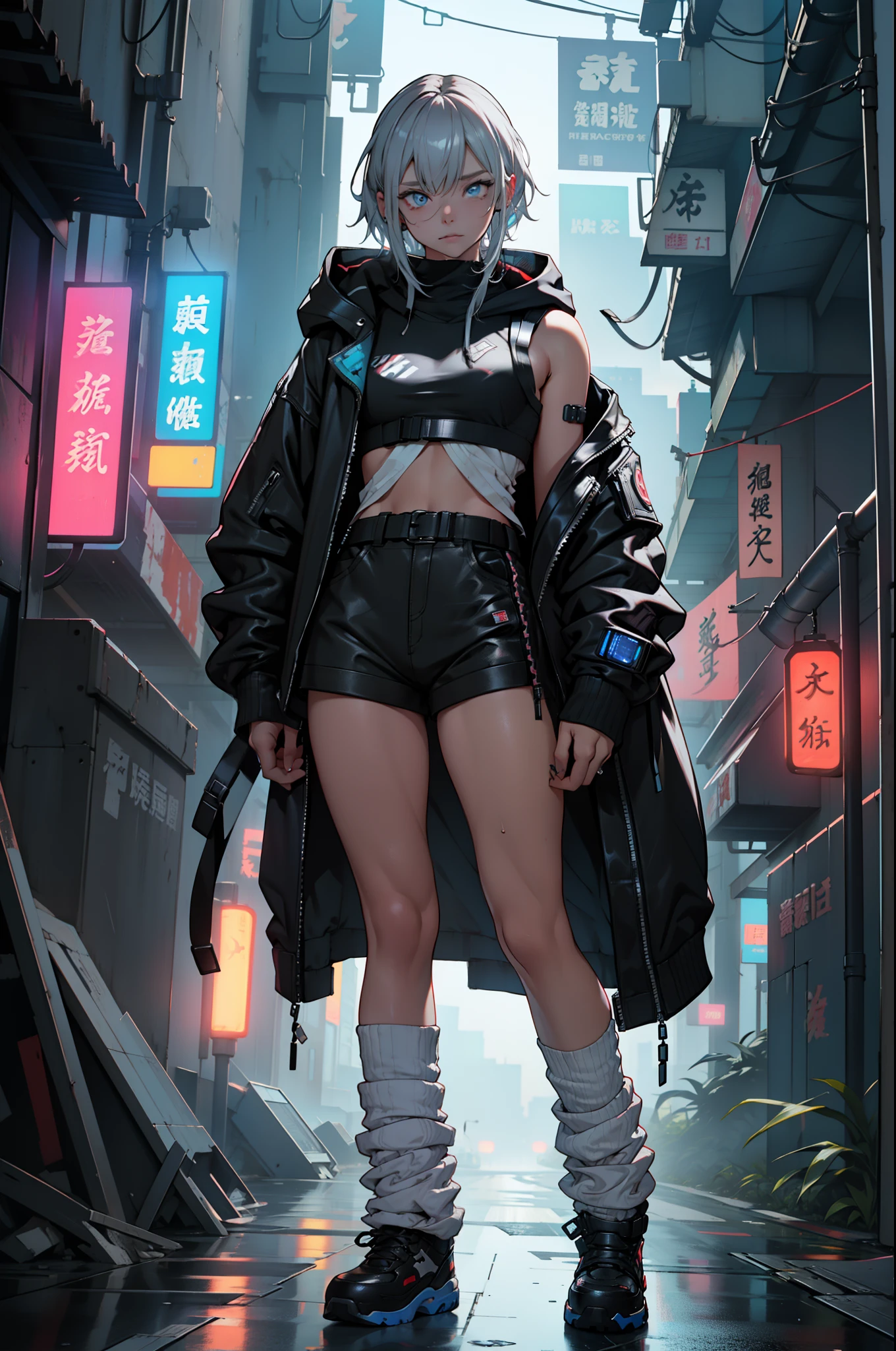 beautiful asian woman, Medium-length hair, Cyberpunk style short coat, light blue simple background, whole body