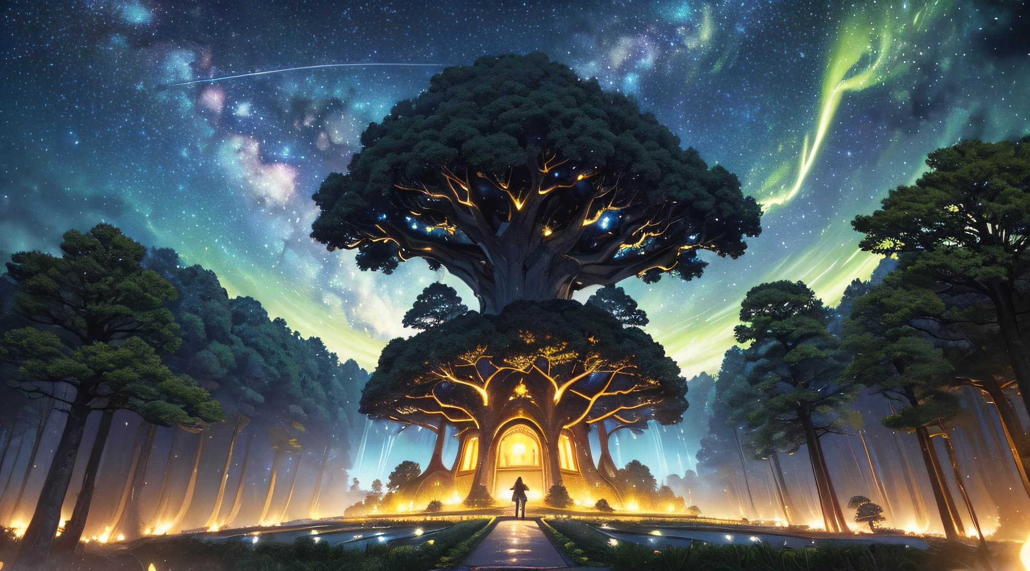 masterpiece、Background with((Fantastic starry sky、meteors、black hole))、Depth((Huge mysterious giant tree、Tree House、It emits yellow light、plants))、a beauty girl、Rear view、Looking up