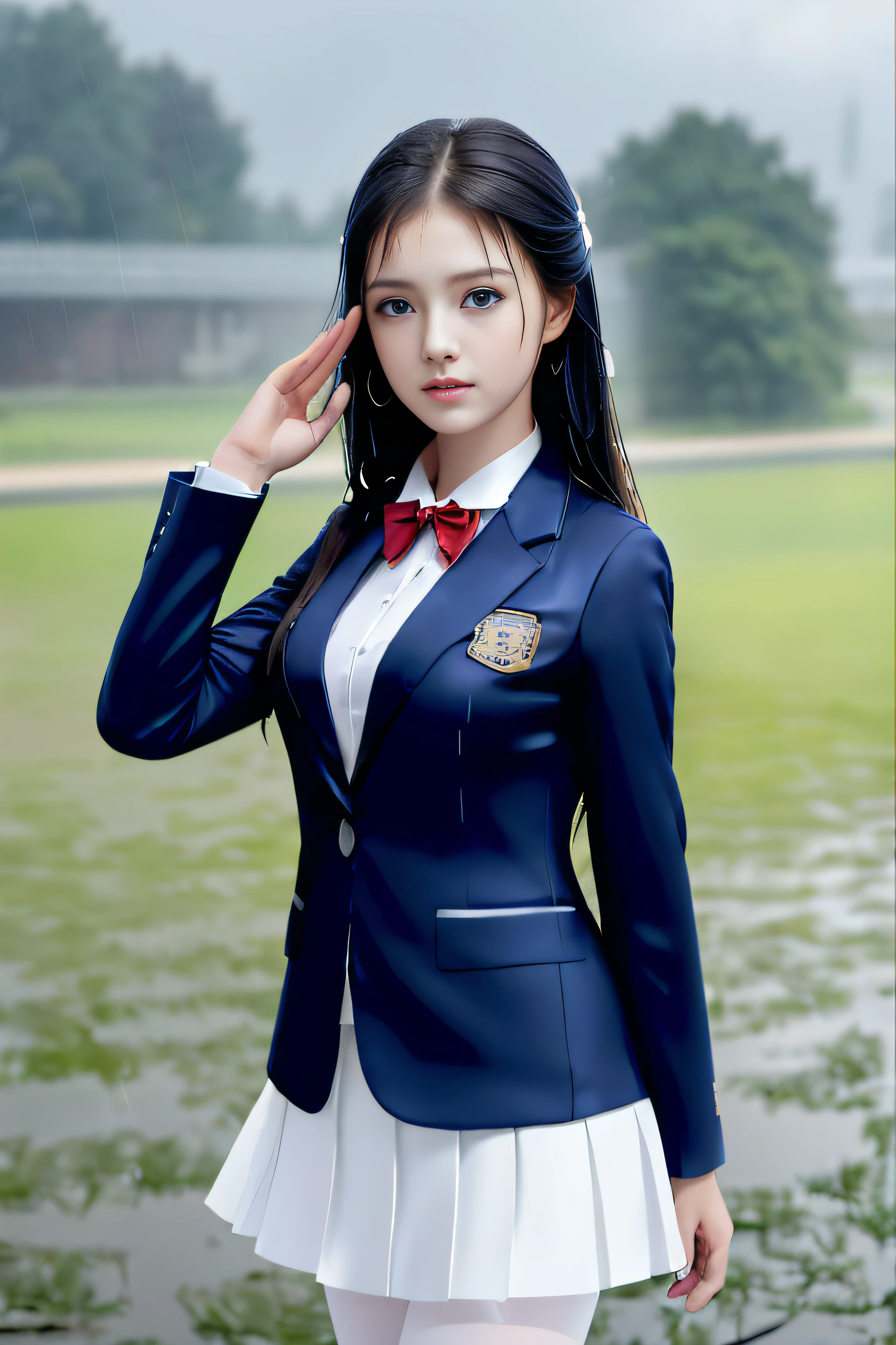 best qualtiy，tmasterpiece，hight resolution，1girll，dingdall effect，realisticlying，edge lit，two tone lighting，（highdetailskin：1.2），8K UHD，pure，Dolce，flowers background，Colorful background，Based on physical rendering，Perfect Light and Shadow，extreme hight detail，Pink tones，eye reflections，Raised sexy，perfect bodies，Superb Beauty，largeeyes，long eyelasher，Delicate eyes，(blue eyess）、big shiny eyes，Small pupil reflex，Shoulder and neck details，The texture of the pupil is delicate，Perfect eyes，black pupils，best qualtiy，tmasterpiece，16 K，a picture，head portrait，Bigchest，Medium size breasts，Delicate avatars,((A little girl trotting through a lakeside park)),((female students、校服),((Wet Navy Blue Blazer、emblem on breasts))、）（Wet translucent white blouse）、(red bowtie,)(White flared skirt),(Black pantyhose),(Black loafers)、(Troubled face)、(Cloudy sky outside)、((Blowing in the rain and wind))、(Raise your hand to keep out the rain)、(Forward leaning position）
