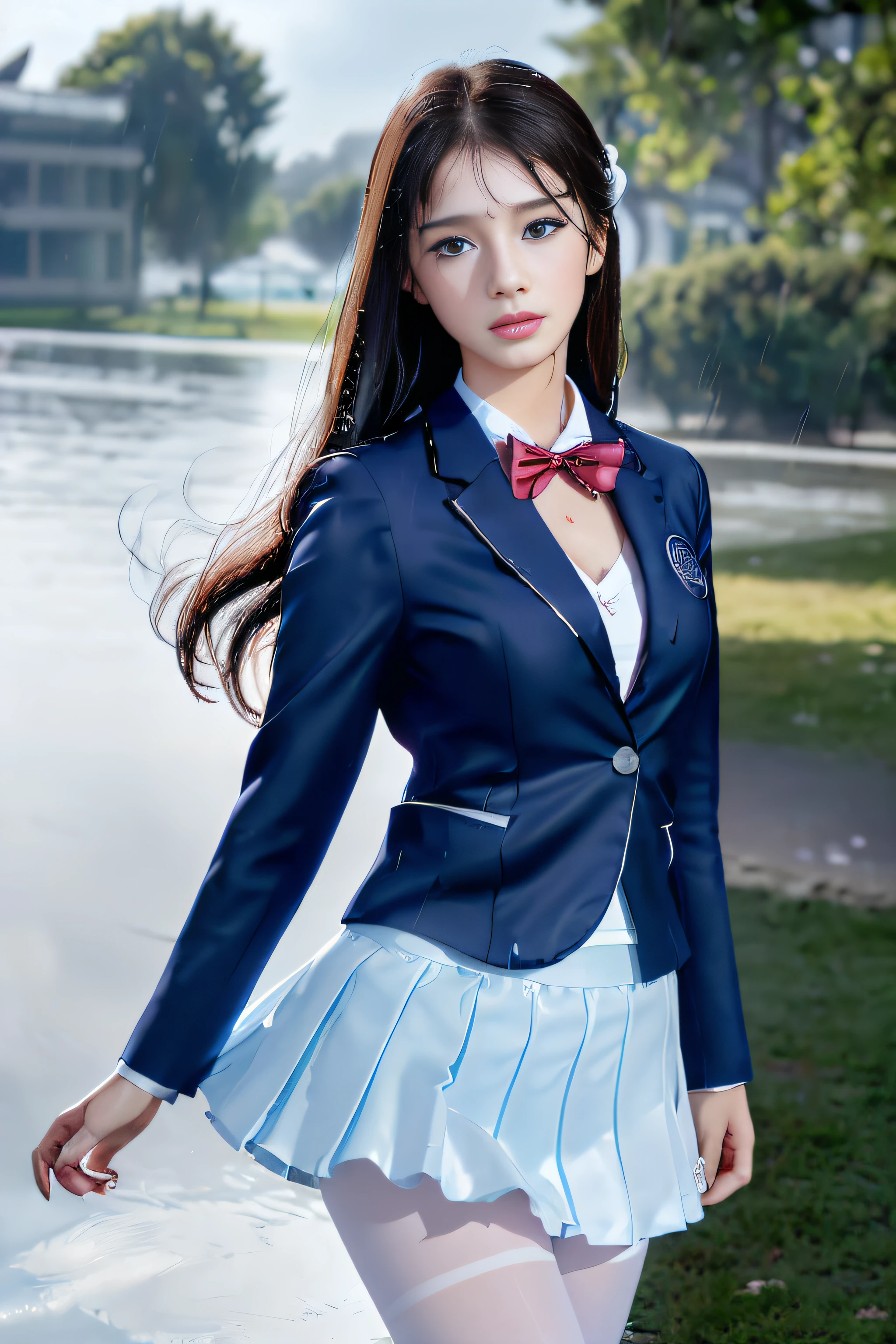 best qualtiy，tmasterpiece，hight resolution，1girll，dingdall effect，realisticlying，edge lit，two tone lighting，（highdetailskin：1.2），8K UHD，pure，Dolce，flowers background，Colorful background，Based on physical rendering，Perfect Light and Shadow，extreme hight detail，Pink tones，eye reflections，Raised sexy，perfect bodies，Superb Beauty，largeeyes，long eyelasher，Delicate eyes，(blue eyess）、big shiny eyes，Small pupil reflex，Shoulder and neck details，The texture of the pupil is delicate，Perfect eyes，black pupils，best qualtiy，tmasterpiece，16 K，a picture，head portrait，Bigchest，Medium size breasts，Delicate avatars,((Little girl trotting through a lakeside park)),((female students、校服),((Wet Navy Blue Blazer、emblem on breasts))、）（Wet translucent white blouse）、(Loose red bow tie,)(Translucent wet white flared skirt),(Black pantyhose),(Black loafers)、(Troubled face)、(Cloudy sky outside)、((Blowing in the rain and wind))、((Holding the skirt with your hands))、(Forward leaning position）(Wet hair flutters)、((Skirt soars))、（Lifted skirt）,（(Holding the skirt with your hands)),((White lace underwear is visible)),