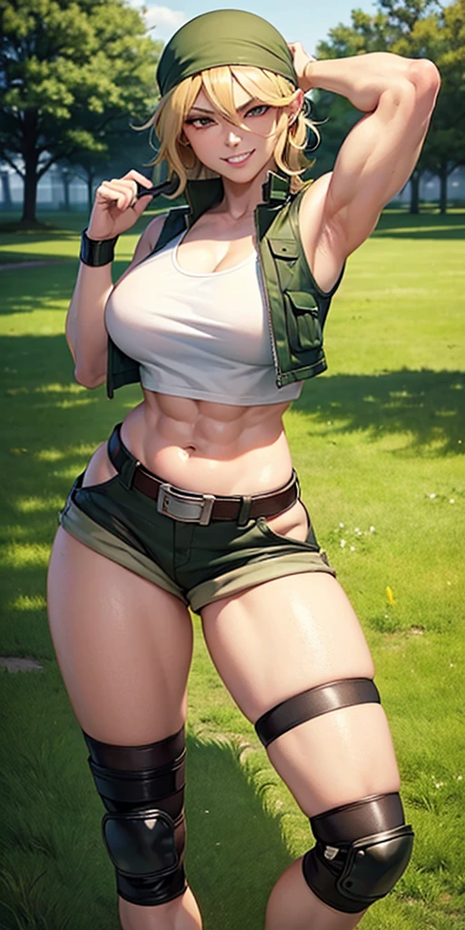 masterpiece, best quality, outdoors, on grass, grass,
cosmieyes, reflection, brown eyes, colored eyelashes, eyelashes,
eridef, 1girl, solo, looking at viewer, blonde hair, vest, bandana, breasts, shorts, navel, midriff, crop top, belt, short shorts, hat, knee pads, large breasts, abs, muscular, smug, muscular arms, muscular, very muscular, very muscular arms, large muscles, super muscular, huge breasts, giant breasts, gigantic breasts, slim waist, muscular midriff, smug, smirk, evil grin, goth, fishnets, dark clothes, black clothes, black lipstick, cleavage