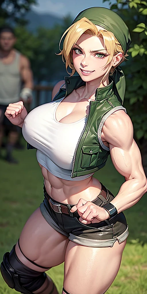 masterpiece, best quality, outdoors, on grass, grass,
cosmieyes, reflection, brown eyes, colored eyelashes, eyelashes,
eridef, 1girl, solo, looking at viewer, blonde hair, vest, bandana, breasts, shorts, navel, midriff, crop top, belt, short shorts, hat, knee pads, large breasts, abs, muscular, smug, muscular arms, muscular, very muscular, very muscular arms, large muscles, super muscular, huge breasts, giant breasts, gigantic breasts, slim waist, muscular midriff, smug, smirk, evil grin, goth, fishnets, dark clothes, black clothes, black lipstick, cleavage