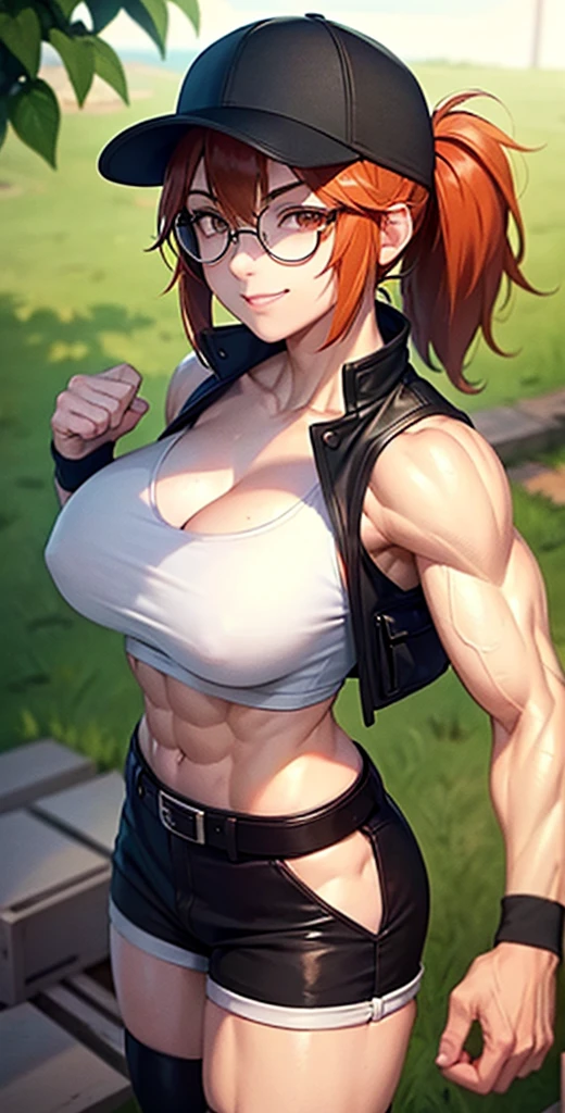 masterpiece, best quality, outdoors, grass,
fiodef, 1girl, solo, looking at viewer, wariza, arm support, orange hair, hat, baseball cap, crop top, shorts, midriff, vest, navel, belt, short shorts, tank top, cleavage, brown shorts, abs, muscular, smug, muscular arms, muscular, very muscular, very muscular arms, large muscles, super muscular, huge breasts, giant breasts, gigantic breasts, slim waist, muscular midriff, smug, smirk, evil grin, goth, fishnets, dark clothes, black clothes, black lipstick