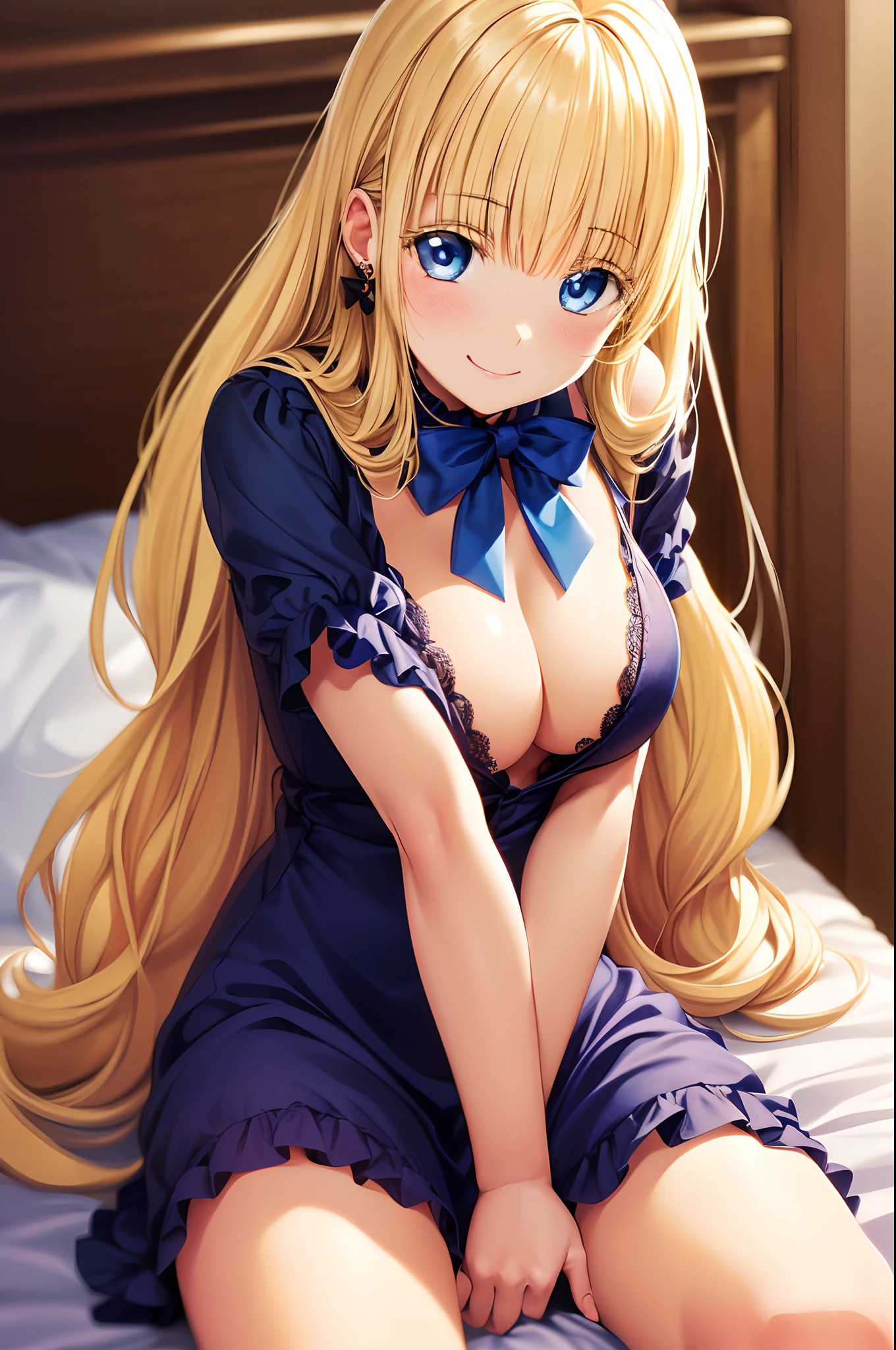 (((Cute blonde woman, long hair with pink bow, Blue eyes))), ((Clothing that exposes, large doll dress)), 8k, very detailed, heart earring, sitting in the bedroom, blushing smile, crossed legs, close view, sexy pose, Nipple Ring