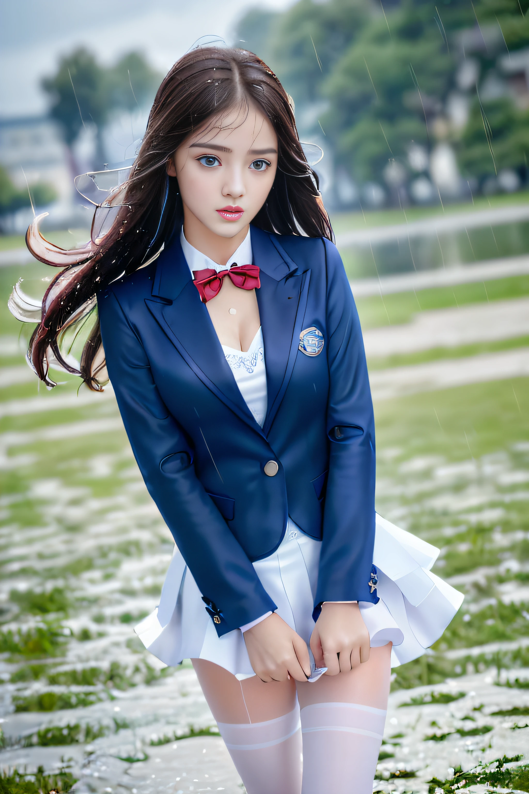 best qualtiy,tmasterpiece,hight resolution,1girll,dingdall effect,realisticlying,edge lit,two tone lighting,(highdetailskin:1.2),8K UHD,pure,Dolce,flowers background,Colorful background,Based on physical rendering,Perfect Light and Shadow,extreme hight detail,Pink tones,eye reflections,Raised sexy,perfect bodies,Superb Beauty,largeeyes,long eyelasher,Delicate eyes,(blue eyess)、big shiny eyes,Small pupil reflex,Shoulder and neck details,The texture of the pupil is delicate,Perfect eyes,black pupils,best qualtiy,tmasterpiece, K,a picture,head portrait,Bigchest,Medium size breasts,Delicate avatars,((Little girl trotting through a lakeside park)),((female students、校服),((Wet Navy Blue Blazer、emblem on breasts))、)(Wet translucent white blouse)、(red bowtie,)(White flared skirt),(Black pantyhose),(Black loafers)、(Troubled face)、(Cloudy sky outside)、((Blowing in the rain and wind))、((Skirt soars)),(Lifted skirt),((White lace underwear is visible))、