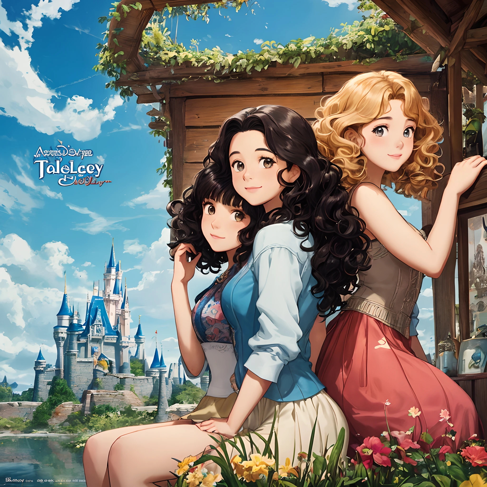 Disney movie poster, title “ Tati and Jaely”, two Hispanic girls one with short curly hair and one with long curly hair