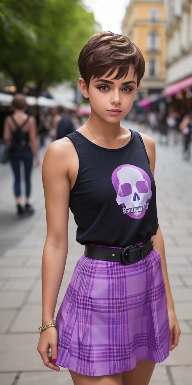 Photo of a -yeld Euean girl, .RAW, beautiful woman,pecas en mejillas ,hermosos ojos azules(Light brown hair pixie haircut),corte de cabello pixie ((retrato)), ((Cara detallada:1.2)), ((Detailed facial features)), (Piel finamente detallada), Pale skin,parque, Noria de Londres、Purple sleeveless t-shirt with skull image ,senos grandes , pechos grandes, Lilac skirt with checkered images, Loose white belt, Long boots with heels ,lindo maquillaje, Purple eyeshadows on eyelids ,Un sexy(cool color), humid, humid, Reflectores, (Masutepiece) (proporciones perfectas)(fotos realistas)(La mejor calidad) (Detallado) fotografiado con una EOS R5 de Canon, Lente de 50 mm, f/2.8, NffSW, (8k) (papel tapiz) (cinematic lighting) (Dramatic lighting) (foco nítido) (Enrevesado) moda