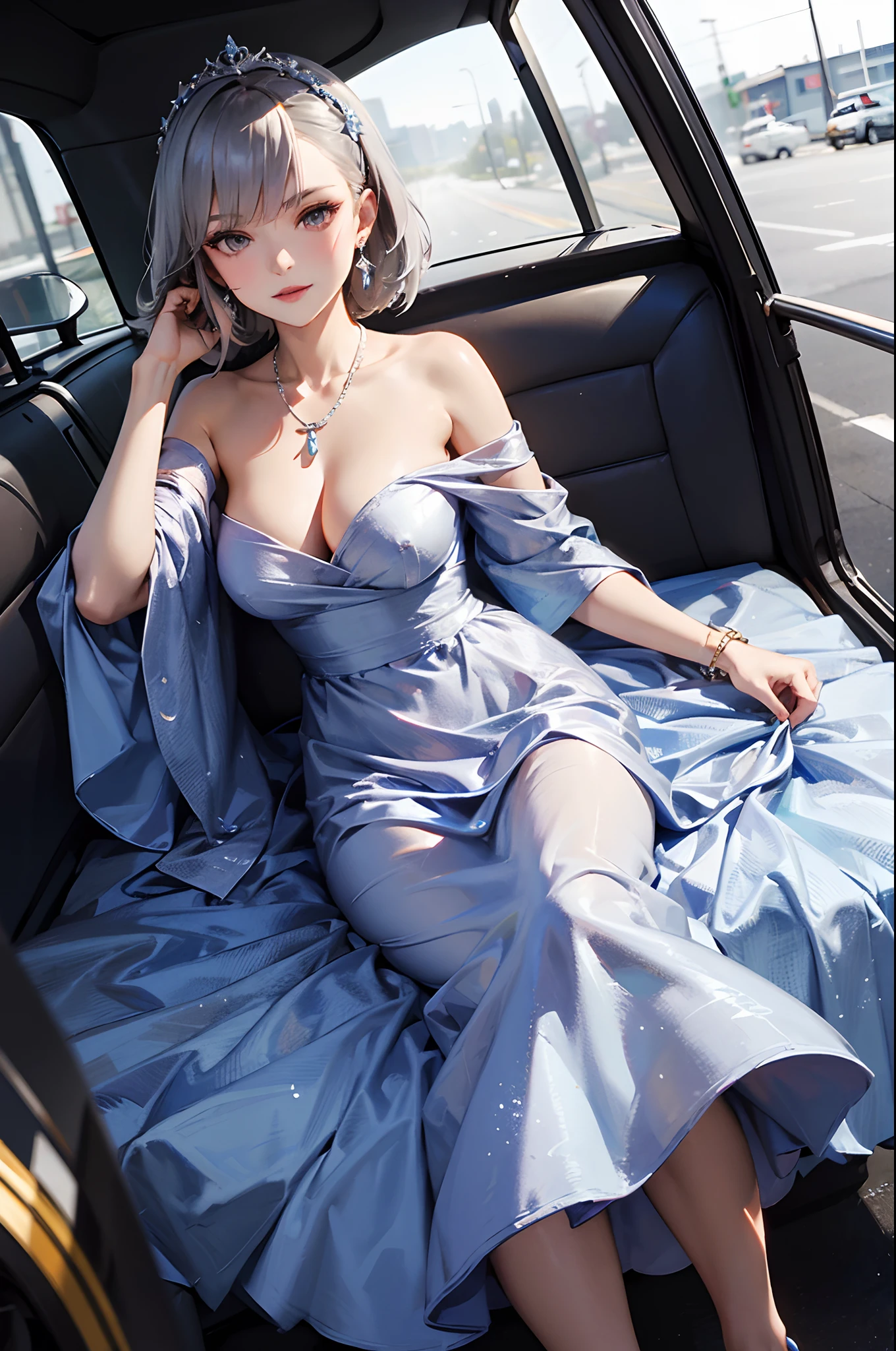 sankta. Luigi (luxurious wheels) (azur lane), 1girll, hair adornments, Earrings, necklace, Portrait, Silver dress, Clothing that exposes, view the viewer, Solo