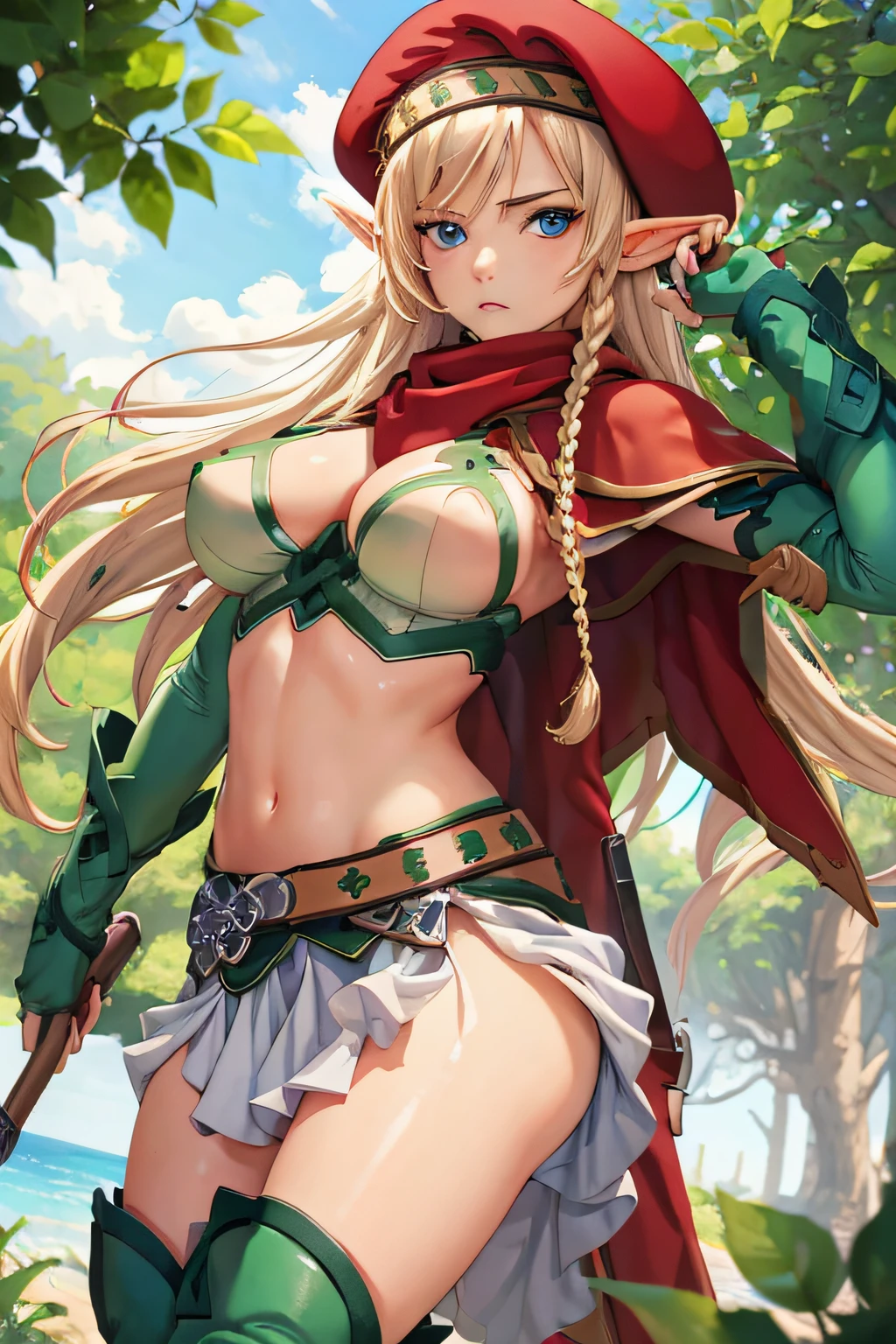 (masterpiece, best quality:1.2), cowboy shot, solo, 1girl, alleyne, elf, expressionless, looking at viewer, side braid, beret, cape, skirt, thighhighs, green footwear, thigh boots, elbow gloves, midriff, cleavage, alleyne, elf, side braid, large breasts, blonde hair, blue eyes,erected nipples,from below