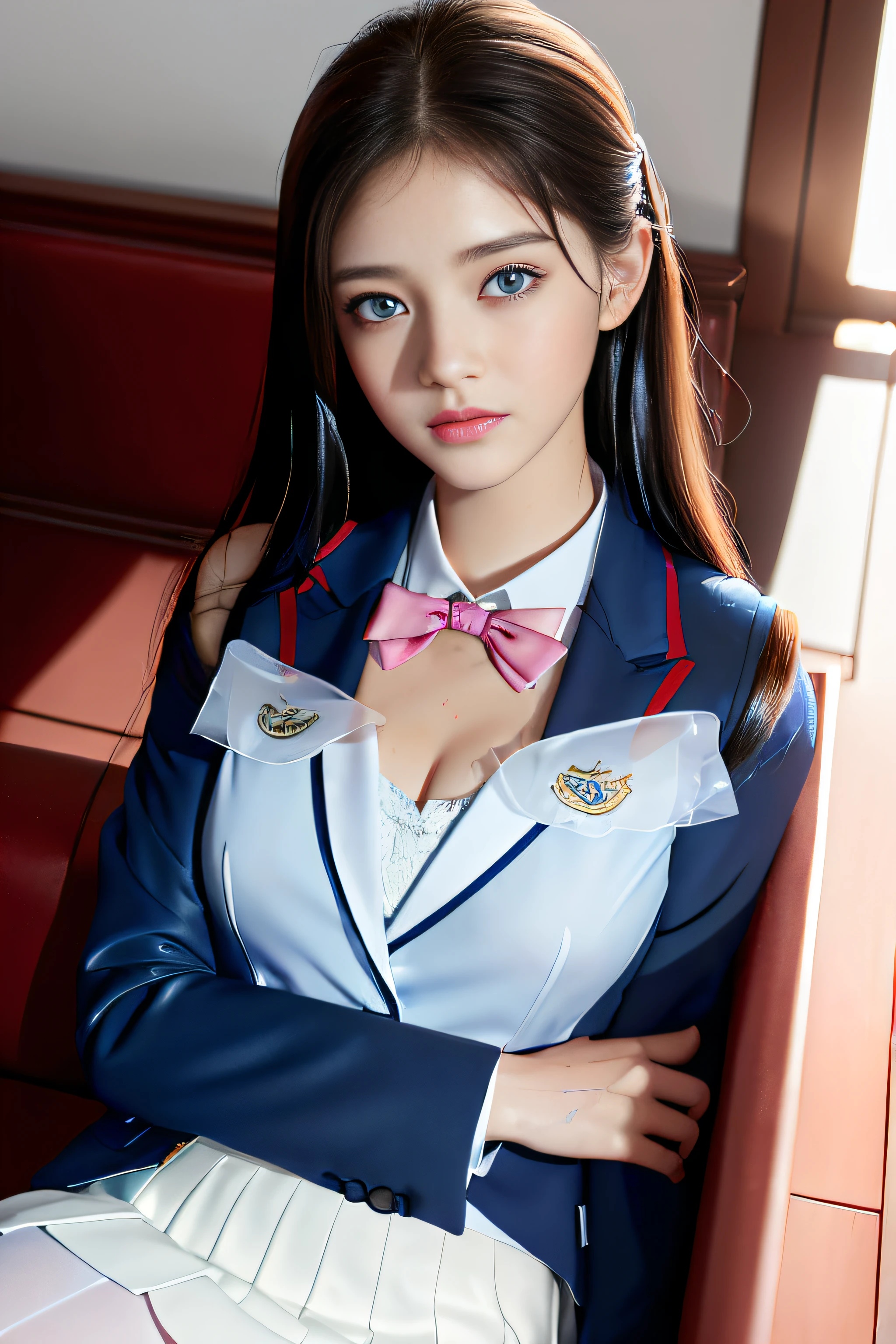 best qualtiy,tmasterpiece,hight resolution,1girll,dingdall effect,realisticlying,edge lit,two tone lighting,(highdetailskin:1.2),8K UHD,pure,Dolce,flowers background,Colorful background,Based on physical rendering,Perfect Light and Shadow,extreme hight detail,Pink tones,eye reflections,Raised sexy,perfect bodies,Superb Beauty,largeeyes,long eyelasher,Delicate eyes,(blue eyess)、big shiny eyes,Small pupil reflex,Shoulder and neck details,The texture of the pupil is delicate,Perfect eyes,black pupils,best qualtiy,tmasterpiece, K,a picture,head portrait,Bigchest,Medium size breasts,Delicate avatars,((Little girl trotting through a lakeside park)),((female students、校服),((Wet Navy Blue Blazer、Front opening、emblem on breasts))、)(Wet translucent white blouse)、(Loose red bow tie)、(Translucent wet white flared skirt),(Black pantyhose),(Black loafers)、(Troubled face)、(Cloudy sky outside)、((Blowing in the rain and wind))、((Holding the skirt with your hands))、(Forward leaning position)(Wet hair flutters)、((Skirt soars))、(Lifted skirt),((Holding the skirt with your hands)),((White lace underwear is visible)),(she is soaking wet)