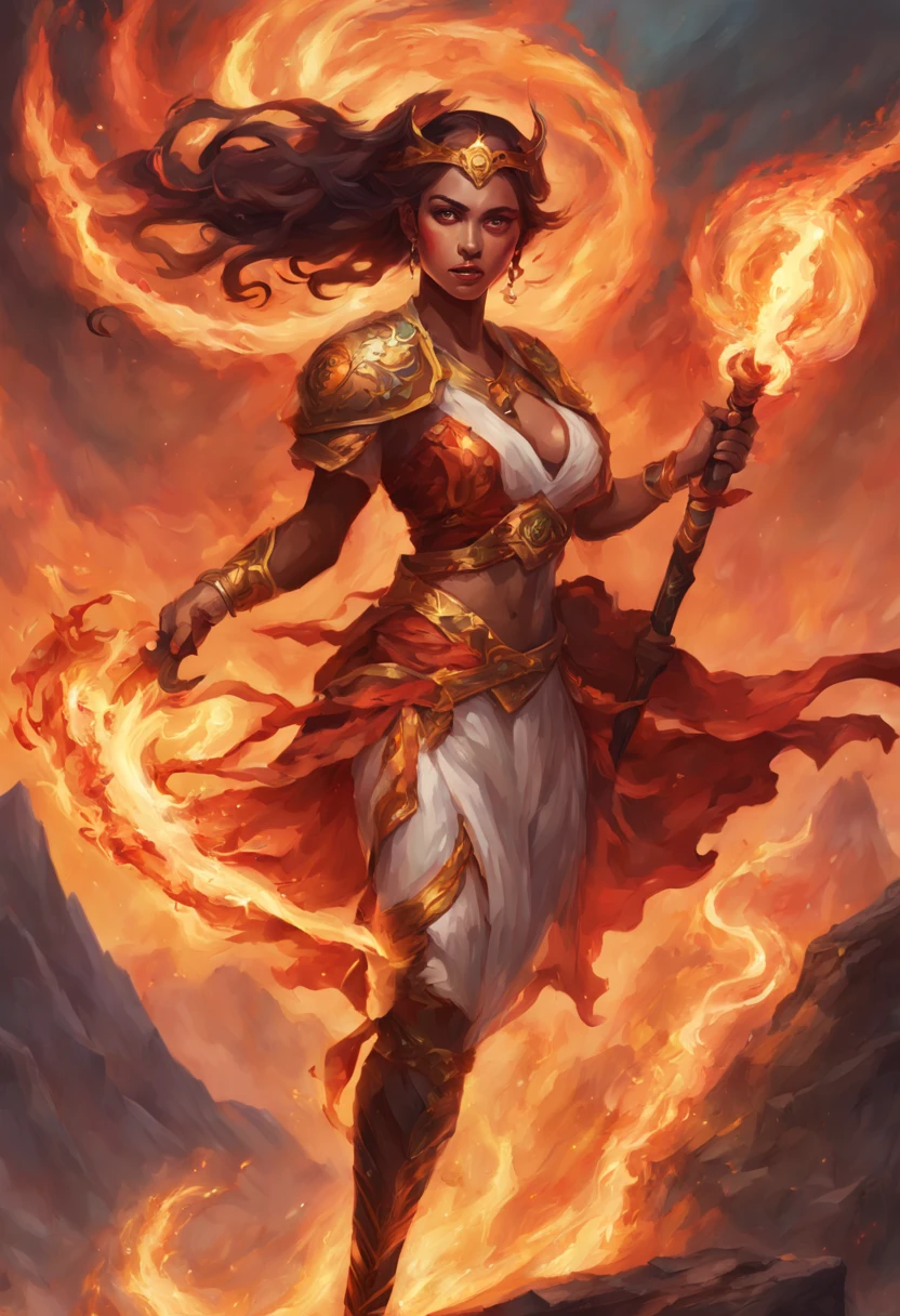 arafed woman with a sword and fire on a mountain, goddess of fire, appears as the fire goddess, fire goddess, lava and fire goddess, hot fire goddess, fire mage, the sorceress casting a fireball, fantasy card game art, in the art style of mohrbacher, she has fire powers, the fire queen, magic the gathering art style