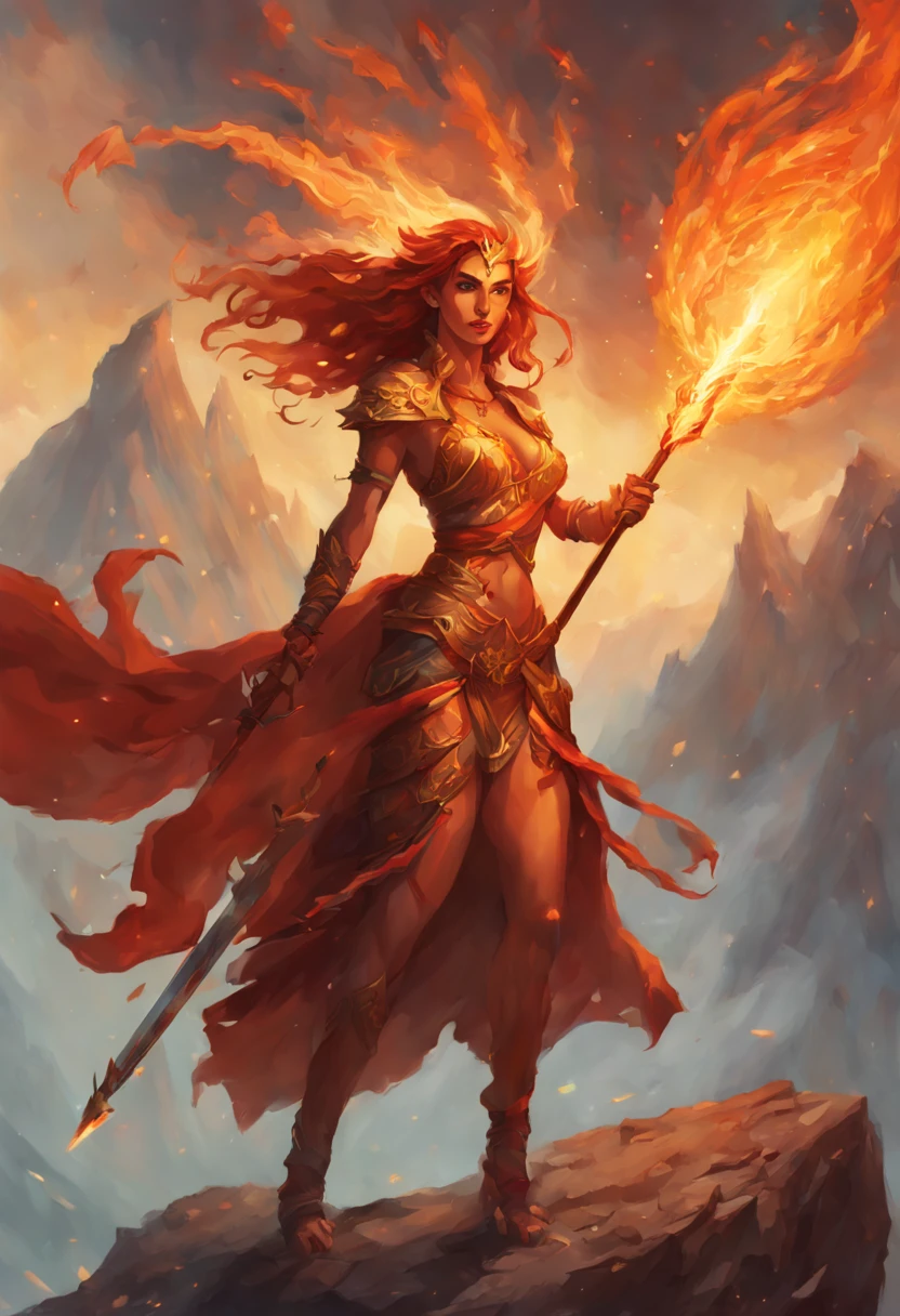 arafed woman with a sword and fire on a mountain, goddess of fire, appears as the fire goddess, fire goddess, lava and fire goddess, hot fire goddess, fire mage, the sorceress casting a fireball, fantasy card game art, in the art style of mohrbacher, she has fire powers, the fire queen, magic the gathering art style