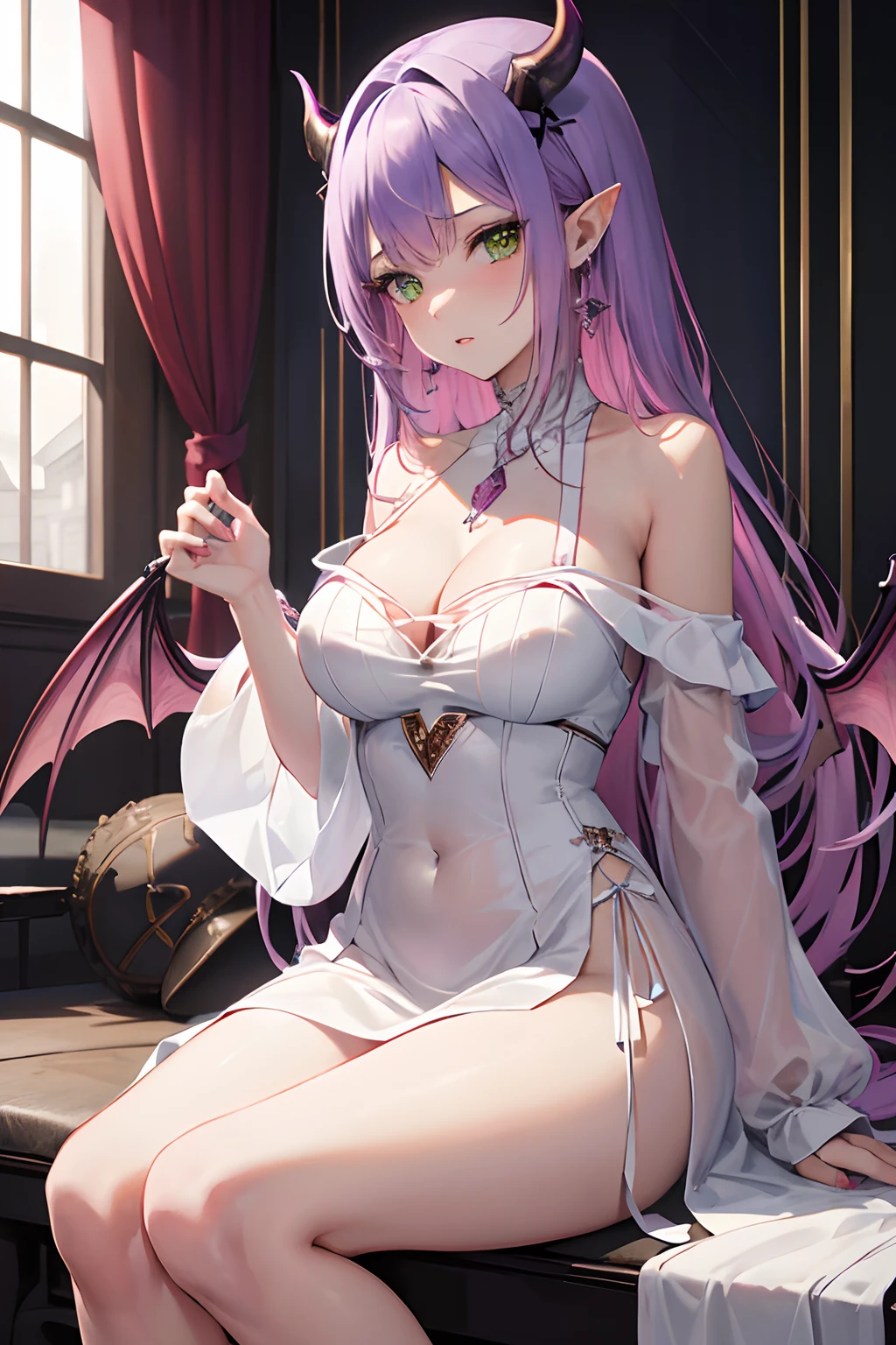 (*****, top-quality, 8K, masterpiece, Top image quality, Hi-Res, super detailing, Ultra HD, (Delicate and smooth skin, real looking skin, Perfect and beautiful face ,Perfect and cute face, high detail skin, Perfect limbs)), girl , bare shoulders , blush , bridal veil , cleavage , cross 54k, demon girl , demon tail , demon wings , dot nose , ear chain , earrings , fingernails , gradient hair , green eyes , hand up , jewelry , large breasts , long dress , long hair , looking at viewer , looking to the side, multicolored hair , nail polish , necklace , off-shoulder dress , parted lips , pink hair , pointy ears , purple hair , purple nails , wedding ring , sitting on white bench, solo , streaked hair , teeth , wedding dress , white flower , white rose , knees together, tokoyami towa (hololive)
