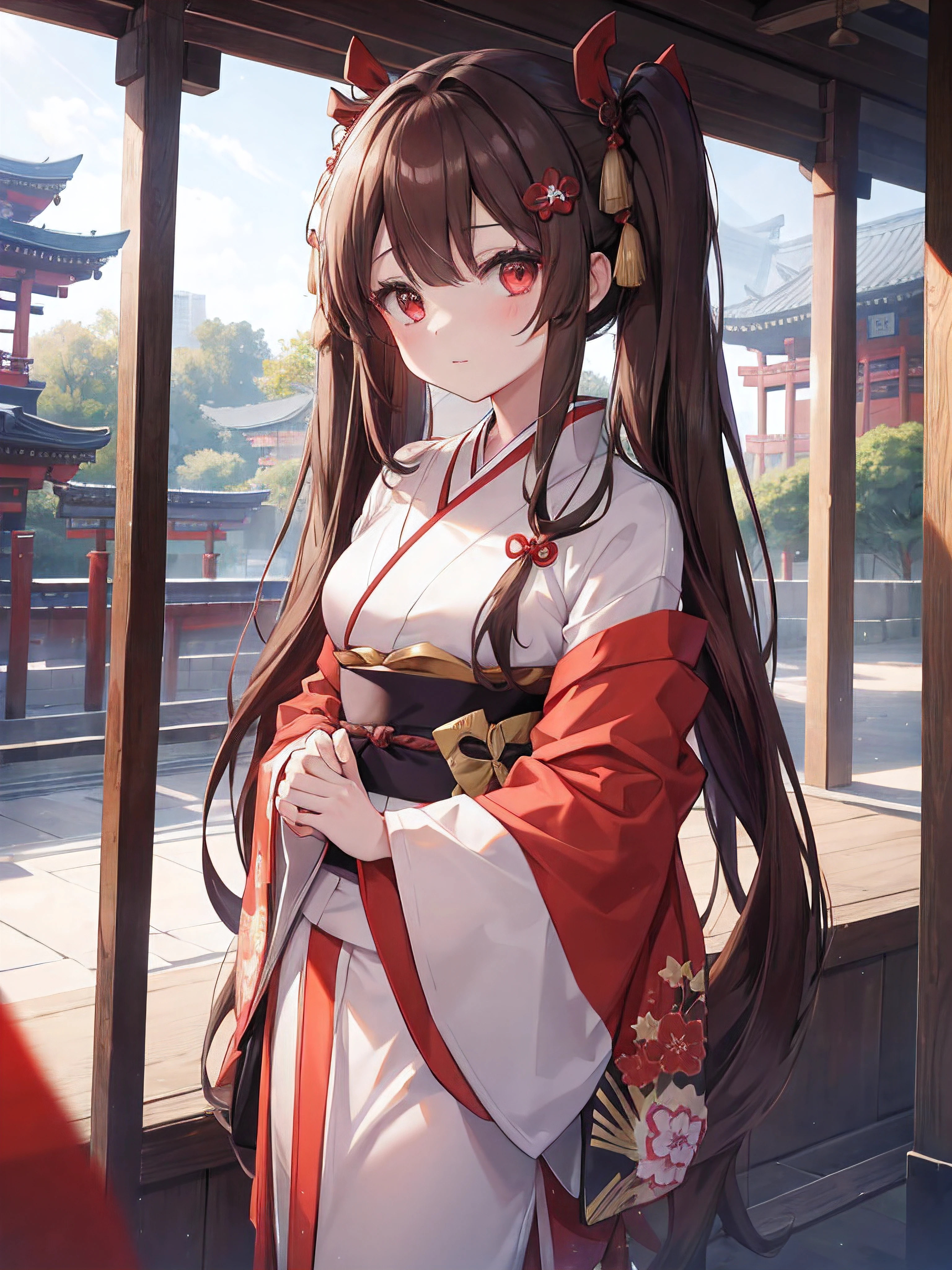 1girl, long twintail brown hair, red eyes, wearing kimono, temple, absurdres, high res, ultrasharp, 8K, masterpiece, looking at viewer
