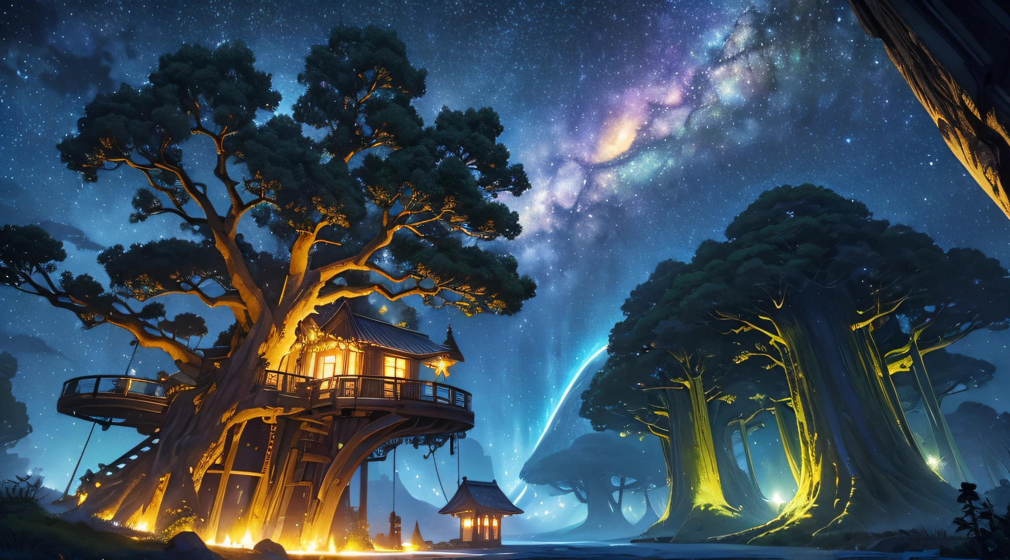 masterpiece、Background with((Fantastic starry sky、meteors、black hole))、Depth((Huge mysterious giant tree、Tree House、It emits yellow light、plants))、a beauty girl、onepiece、Rear view、Looking up