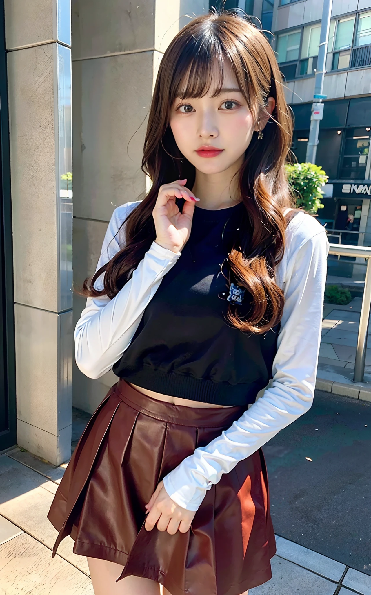 (8K、RAW Photos、Highest quality、masterpiece:1.2)、(Realistic、Realistic)、1 Girl、((Pink and black checked mini skirt、smile、Frills、Off the shoulder、one piece、whole body、See-through、boots、chest emphasis、whole body、garden、View from the front、Looking into the camera、Stand with hands on hips))、