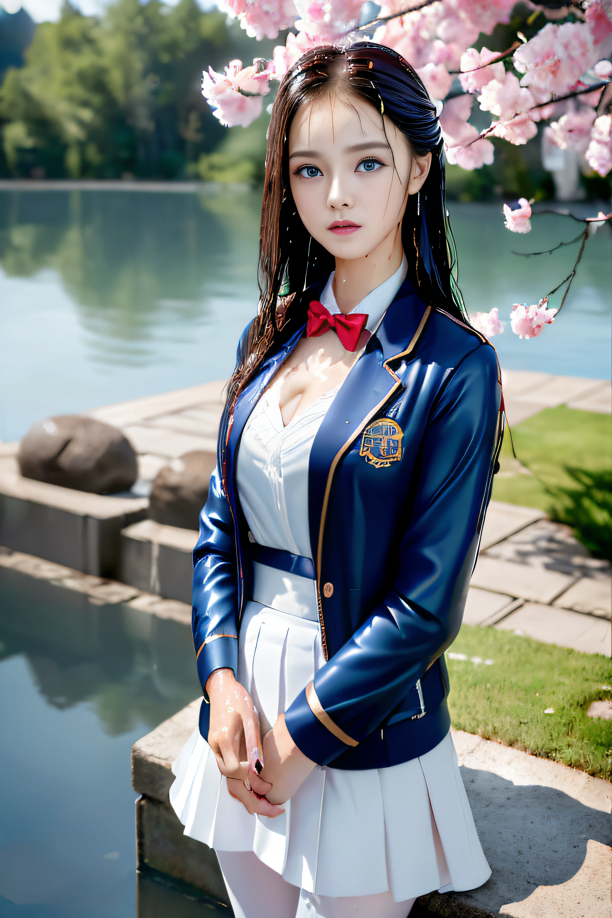 best qualtiy，tmasterpiece，hight resolution，1girll，dingdall effect，realisticlying，edge lit，two tone lighting，（highdetailskin：1.2），8K UHD，pure，Dolce，flowers background，Colorful background，Based on physical rendering，Perfect Light and Shadow，extreme hight detail，Pink tones，eye reflections，Raised sexy，perfect bodies，Superb Beauty，largeeyes，long eyelasher，Delicate eyes，(blue eyess）、big shiny eyes，Small pupil reflex，Shoulder and neck details，The texture of the pupil is delicate，Perfect eyes，black pupils，best qualtiy，tmasterpiece，16 K，a picture，head portrait，Bigchest，Medium size breasts，Delicate avatars,((Little girl standing in the waiting room by the lake)),((female students、校服),((Wet Navy Blue Jacket、Front opening、emblem on breasts))、）（Wet translucent white blouse）、(red bowtie,)(White flared skirt),(Black pantyhose),(Black loafers)、(Troubled face)、((she is soaking wet)),(Wet hair)