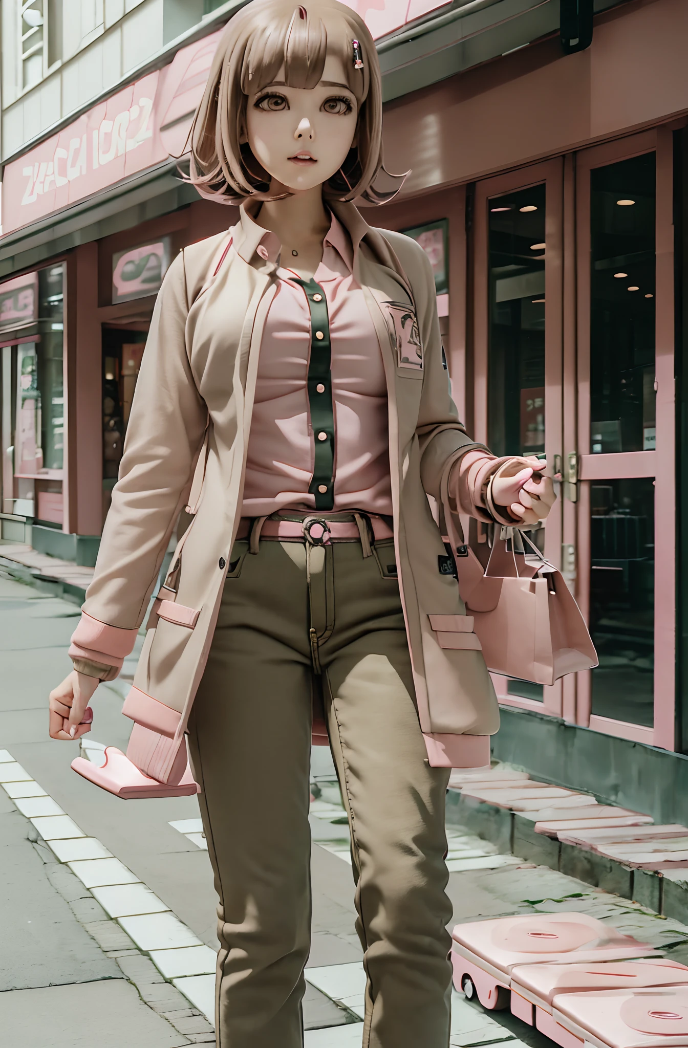 Chiaki nanami at a shopping centre wearing casual clothes, pink short hair, pink eyes, bangs, hairpin, air particles, 20 years old girl , ((olive blouse, jeans, heeled shoes, pink hand bag, medium breasts, beige coat:1.2)),Chiaki Nanami, Nanami Chiaki, ((1girl)) ((solo:1.6)), Clarendon filter, soft smile