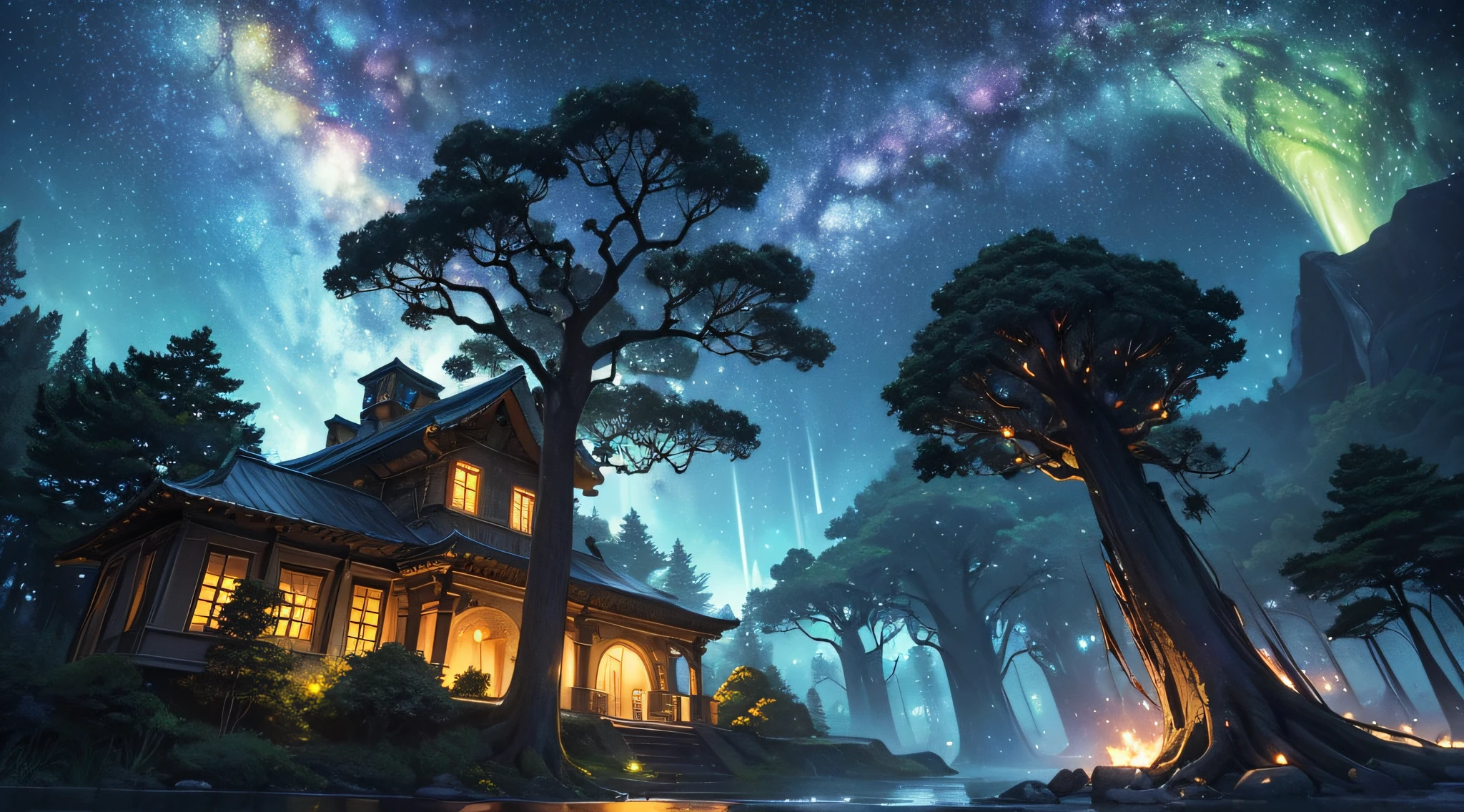 ​masterpiece、Background with((Fantastic starry sky、meteors、black hole))、Depth((Huge mysterious giant tree、Tree House、It emits yellow light、plants))、a beauty girl、onepiece、Rear view、Looking up