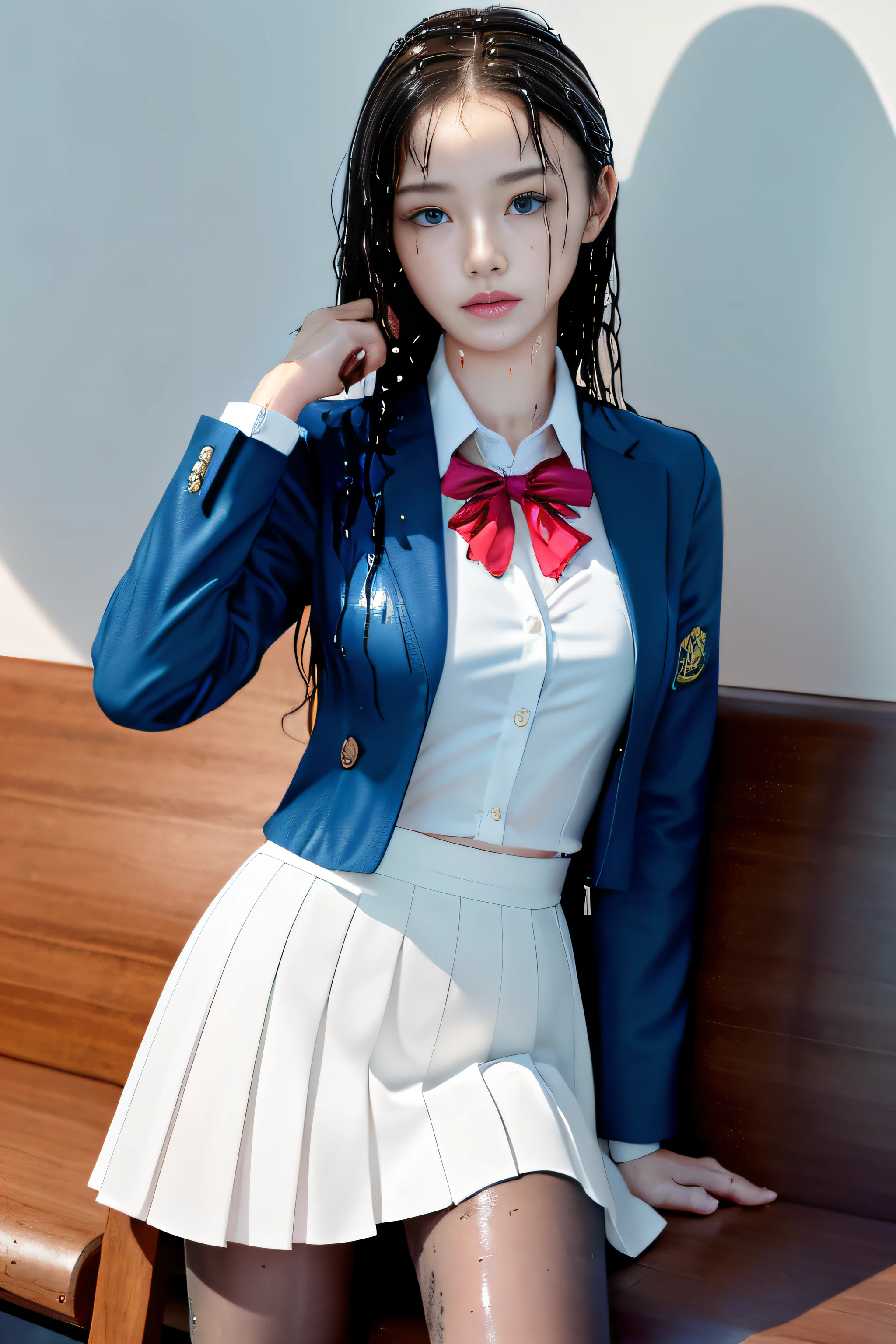 best qualtiy,tmasterpiece,hight resolution,1girll,dingdall effect,realisticlying,edge lit,two tone lighting,(highdetailskin:1.2),8K UHD,pure,Dolce,flowers background,Colorful background,Based on physical rendering,Perfect Light and Shadow,extreme hight detail,Pink tones,eye reflections,Raised sexy,perfect bodies,Superb Beauty,largeeyes,long eyelasher,Delicate eyes,(blue eyess)、big shiny eyes,Small pupil reflex,Shoulder and neck details,The texture of the pupil is delicate,Perfect eyes,black pupils,best qualtiy,tmasterpiece,16 K,a picture,head portrait,Bigchest,Medium size breasts,Delicate avatars,((Little girl standing in the waiting room by the lake)),((female students、校服),((Wet Navy Blue Jacket、Front opening、emblem on breasts))、)(Wet translucent white blouse)、(red bowtie,)(White flared skirt),(Black pantyhose),(Black loafers)、(Troubled face)、((she is soaking wet)),(Wet hair)