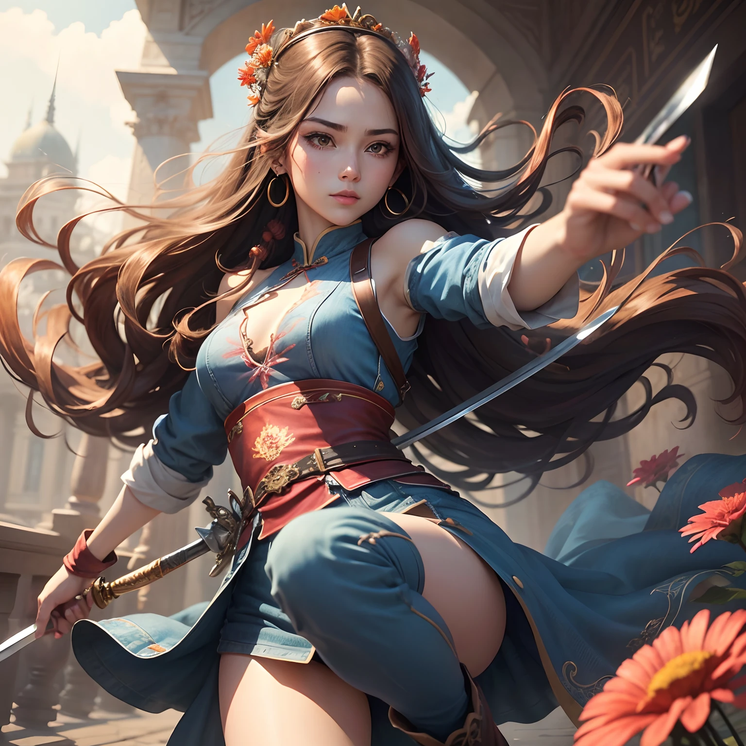 Best Quality, masutepiece, ultra-detailhigh-resolution, (Realistic: 1.4), Watercolor style, Illustration, Dazzling background color,, Skinny Girl with Weapons, (solo exhibition: 1.2), (denim lens: 1.2), (Hair crown: 1.2), (dark brown hair,Traditional Chinese Dunhuang costumes, No strap, (Red Eyeliner: 1.2), (: 1.4), (Accurate Hand Modeling),earrings, Dynamic Angle, Opera House, Messy_long_hair, inky, movie lights, lens_f lare, velvet, chrysanthemums, tassels, bow ribbon, Color embroidery,long boots,Photograph the whole body,Dance of the Sword,Holding a sword in his right hand,Camera work shot from a distance,