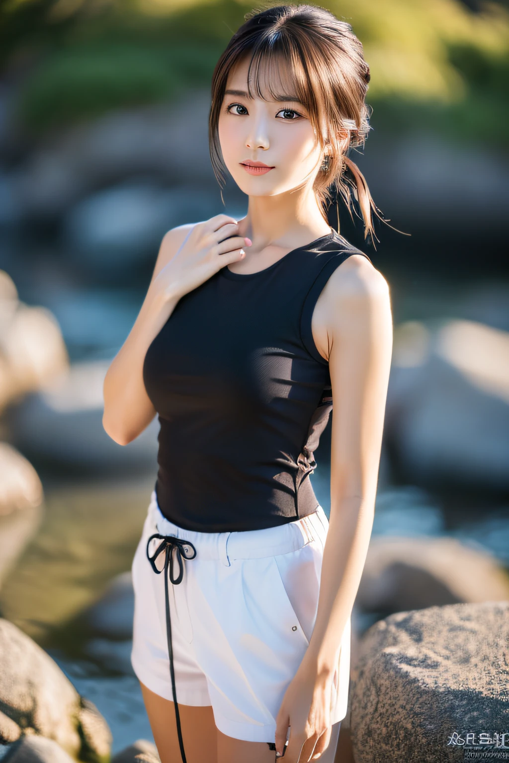 ( (in 8K:1.27)、top-quality、masterpiece、超A high resolution:1.2) Photos of beautiful Japan women、bustup (Beautiful fece:1.1)、Dramatic light、Black tank top and white shorts, with white kitten