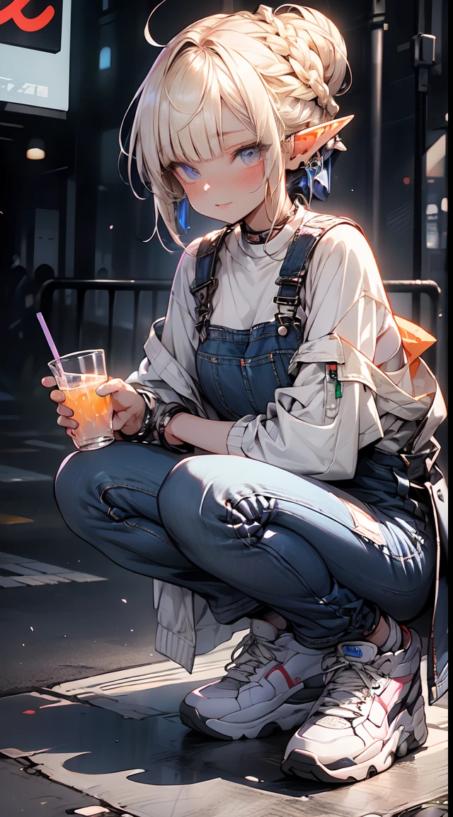 (1elf girl), (beauty elf girl), (ultra-high picture quality), masterpieces, casual scene, squatting beside a mini market, relaxed vibe, holding a beverage, She's dressed in a trendy techwear outfit, perhaps a stylish jacket and jeans, with comfortable sneakers, sunlight casting warm tones, street ambiance, urban setting, .Perfect body, (E-cup:1.2), overalls, light smile, fresh, (asymmetrical bangs:1.3), (artoria style Braid Bun), short hair, highly detailed face and eyes, Perfect lips, (white blonde hair, Deep Blue Eyes:1.2),cyberpunk, sci-fi, (tech wear is pinky colour), digital art, Aesthetic, Cinematic Lighting, by Yusuke Murata.