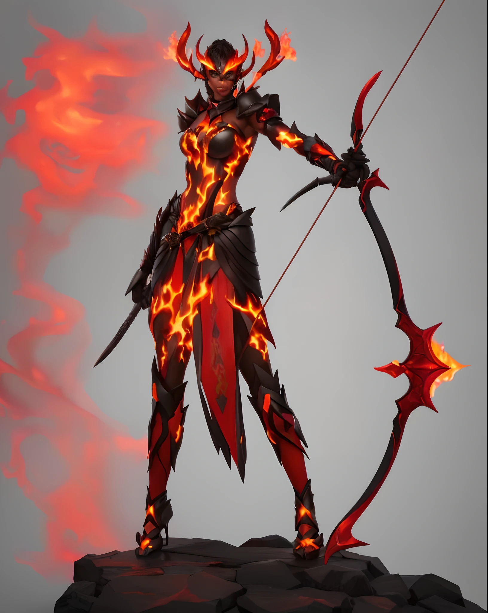 a close up of a person with a bow and a bow, lava and fire goddess, flame conjuring armored, fire mage, fire demon, black fire color reflected armor, appears as the fire goddess, infernal nymph, infernal nymph!!!, fire elemental, painted in the style arcane, the fire queen, polycount contest winner, flames surround her