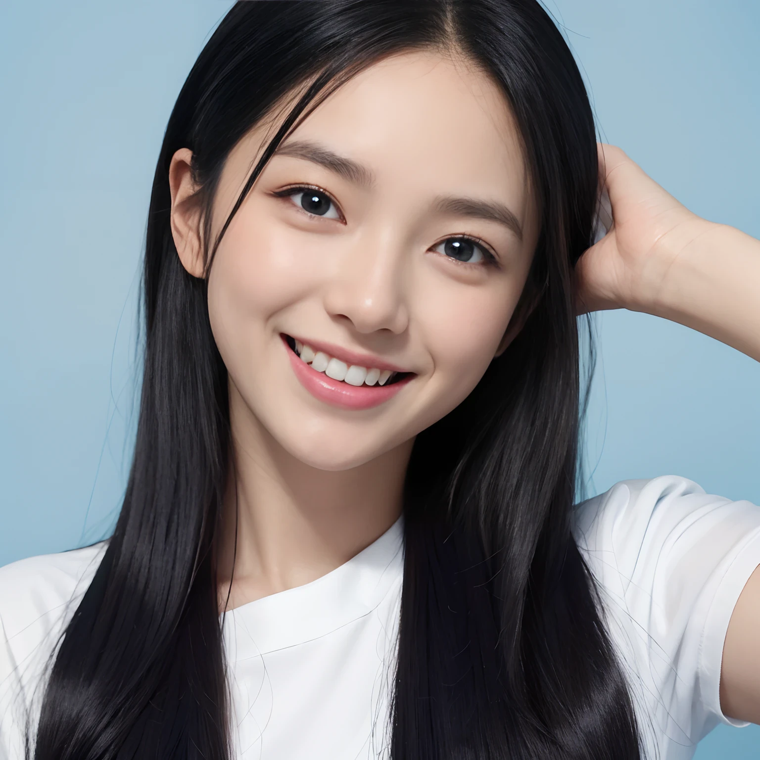 Light blue background、A woman is showing her teeth、White teeth、Beautie、Kurokami、big eye、Smile at your audience、Look straight ahead and smile、neat and clean clothes、long lashes、small nose、Delicate skin、