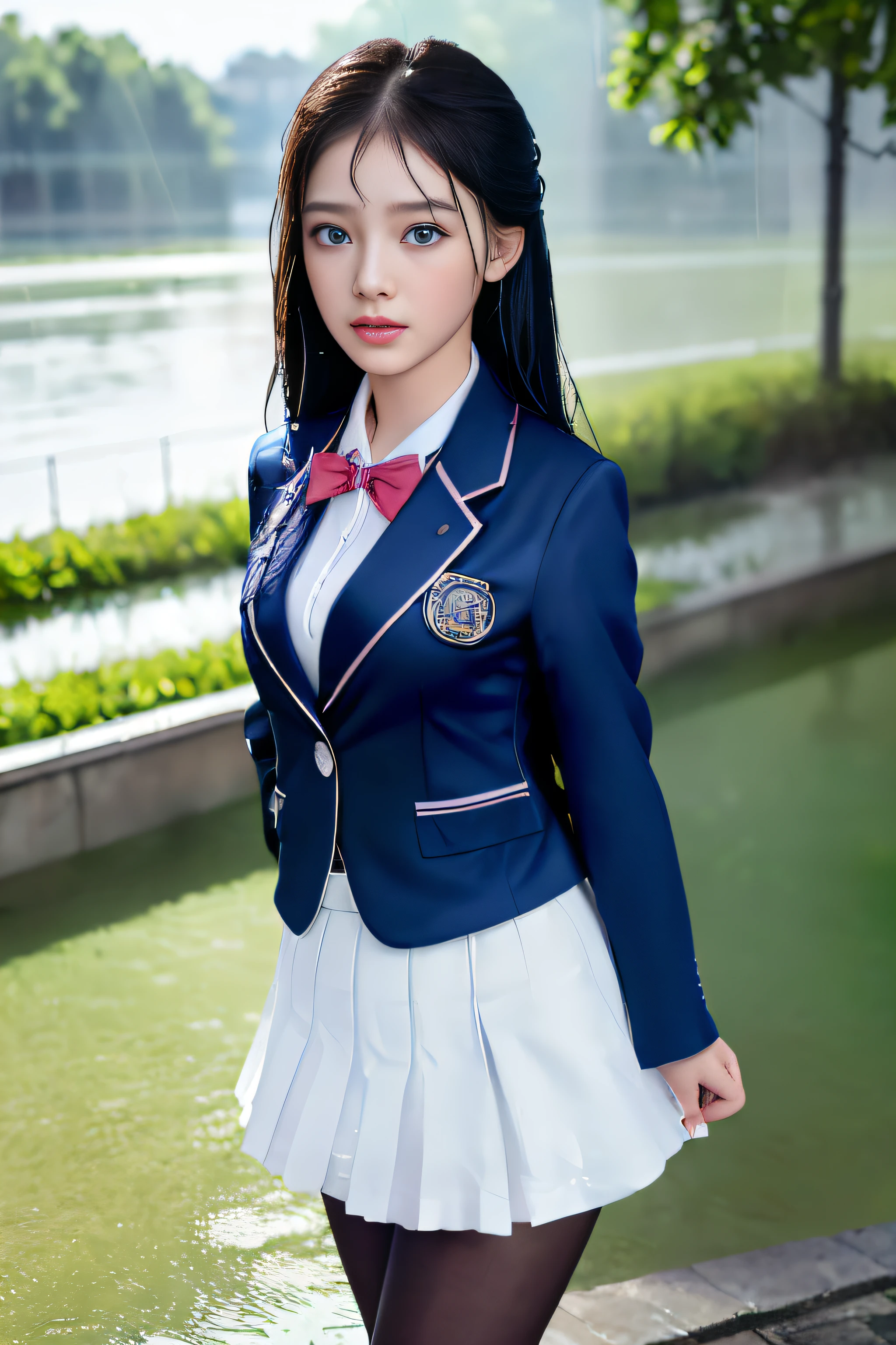 best qualtiy,tmasterpiece,hight resolution,1girll,dingdall effect,realisticlying,edge lit,two tone lighting,(highdetailskin:1.2),8K UHD,pure,Dolce,flowers background,Colorful background,Based on physical rendering,Perfect Light and Shadow,extreme hight detail,Pink tones,eye reflections,Raised sexy,perfect bodies,Superb Beauty,largeeyes,long eyelasher,Delicate eyes,(blue eyess)、big shiny eyes,Small pupil reflex,Shoulder and neck details,The texture of the pupil is delicate,Perfect eyes,black pupils,best qualtiy,tmasterpiece,16 K,a picture,head portrait,Bigchest,Medium size breasts,Delicate avatars,((Little girl trotting through a lakeside park)),((female students、校服),((Wet Navy Blue Blazer Front Opening、emblem on breasts))、)(Wet translucent white blouse)、(Loose red bow tie,)(Translucent wet white flared skirt),(Black pantyhose),(Black loafers)、(Troubled face)、(Cloudy sky outside)、((Blowing in the rain and wind))、((Holding the skirt with your hands))、(Forward leaning position)(Wet hair flutters)、((Skirt soars))、(Lifted skirt),((Holding the skirt with your hands)),