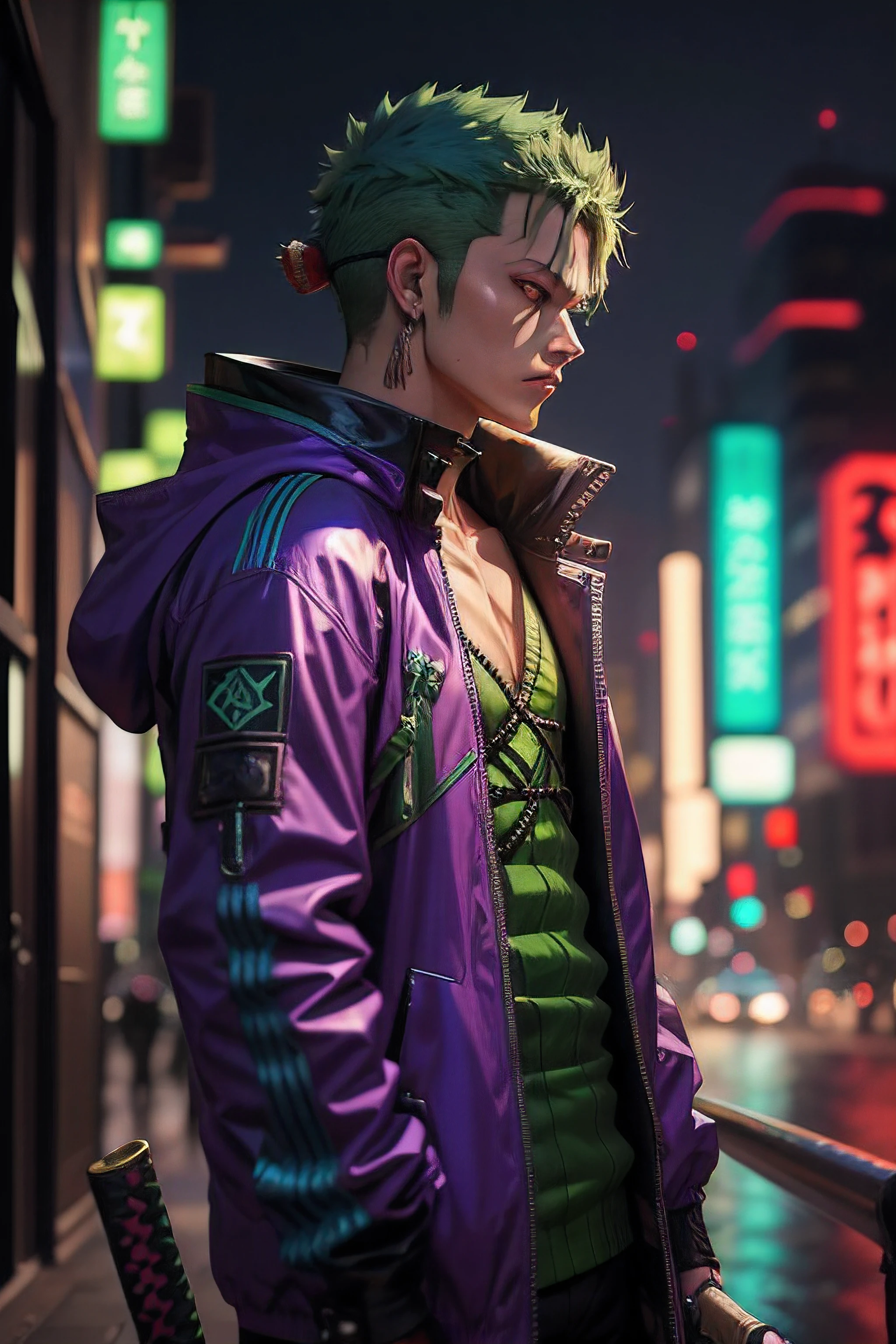 a man with Green hair and a purple jacket holding a Katana, cyberpunk art inspired by Munakata Shikō, tumblr, digital art, ufotable art style, anime wallaper, profile picture 1024px, trigger anime artstyle, badass anime 8 k, One Piece, 4k anime wallpaper, ((Zoro)) Zoro of OnePiece,