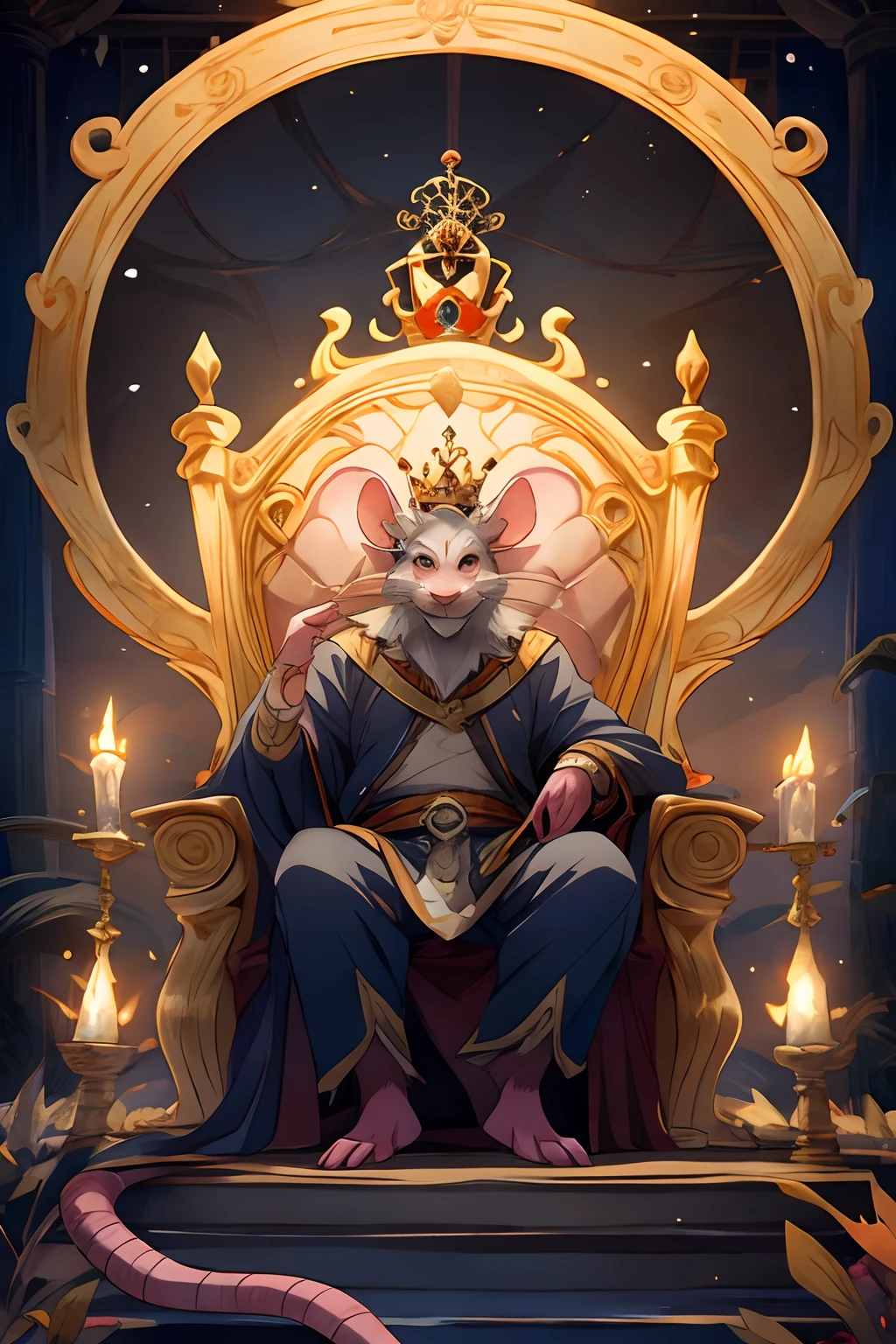 Old king rat sitting in a trone rat using a crown old mouse in a trone king rat Kenneth Lilly style fairy tail anime style
