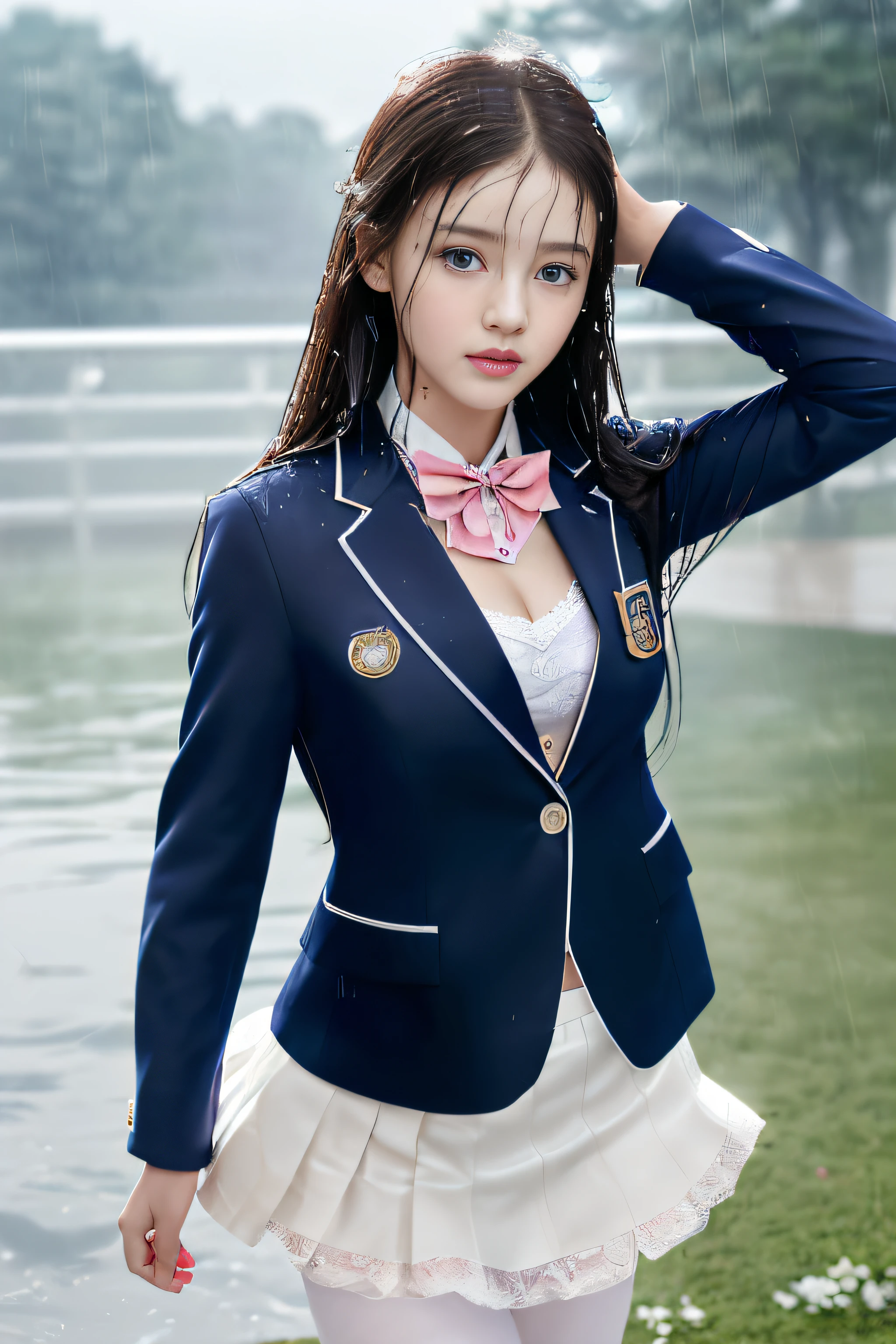 best qualtiy，tmasterpiece，hight resolution，1girll，dingdall effect，realisticlying，edge lit，two tone lighting，（highdetailskin：1.2），8K UHD，pure，Dolce，flowers background，Colorful background，Based on physical rendering，Perfect Light and Shadow，extreme hight detail，Pink tones，eye reflections，Raised sexy，perfect bodies，Superb Beauty，largeeyes，long eyelasher，Delicate eyes，(blue eyess）、big shiny eyes，Small pupil reflex，Shoulder and neck details，The texture of the pupil is delicate，Perfect eyes，black pupils，best qualtiy，tmasterpiece，16 K，a picture，head portrait，Bigchest，Medium size breasts，Delicate avatars,(( trotting through a lakeside park)),((female students、校服),((Wet Navy Blue Blazer、emblem on breasts))、）（Wet translucent white blouse）、(Loose red bow tie,)(Translucent wet white flared skirt),(Black pantyhose),(Black loafers)、(Troubled face)、(Cloudy sky outside)、((Blowing in the rain and wind))、((Holding the skirt with your hands))、(Forward leaning position）(Wet hair flutters)、((Skirt soars))、（Lifted skirt）,（(Holding the skirt with your hands)),((White lace underwear is visible)),