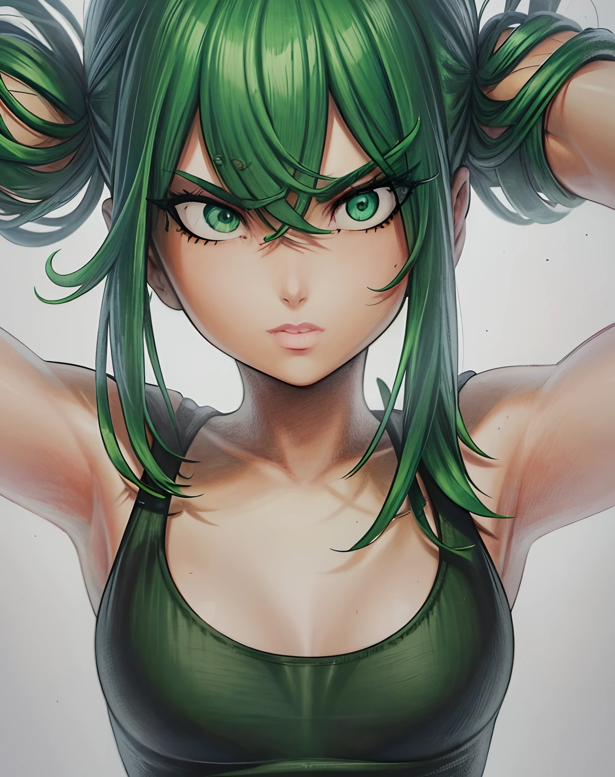 masterpiece, best quality,(best shadow),1girl,looking at viewer,expressive eyes, marker \(medium\), traditional media, green hair, green eyes, tight tshirt, ((very small tits)), tatsumaki