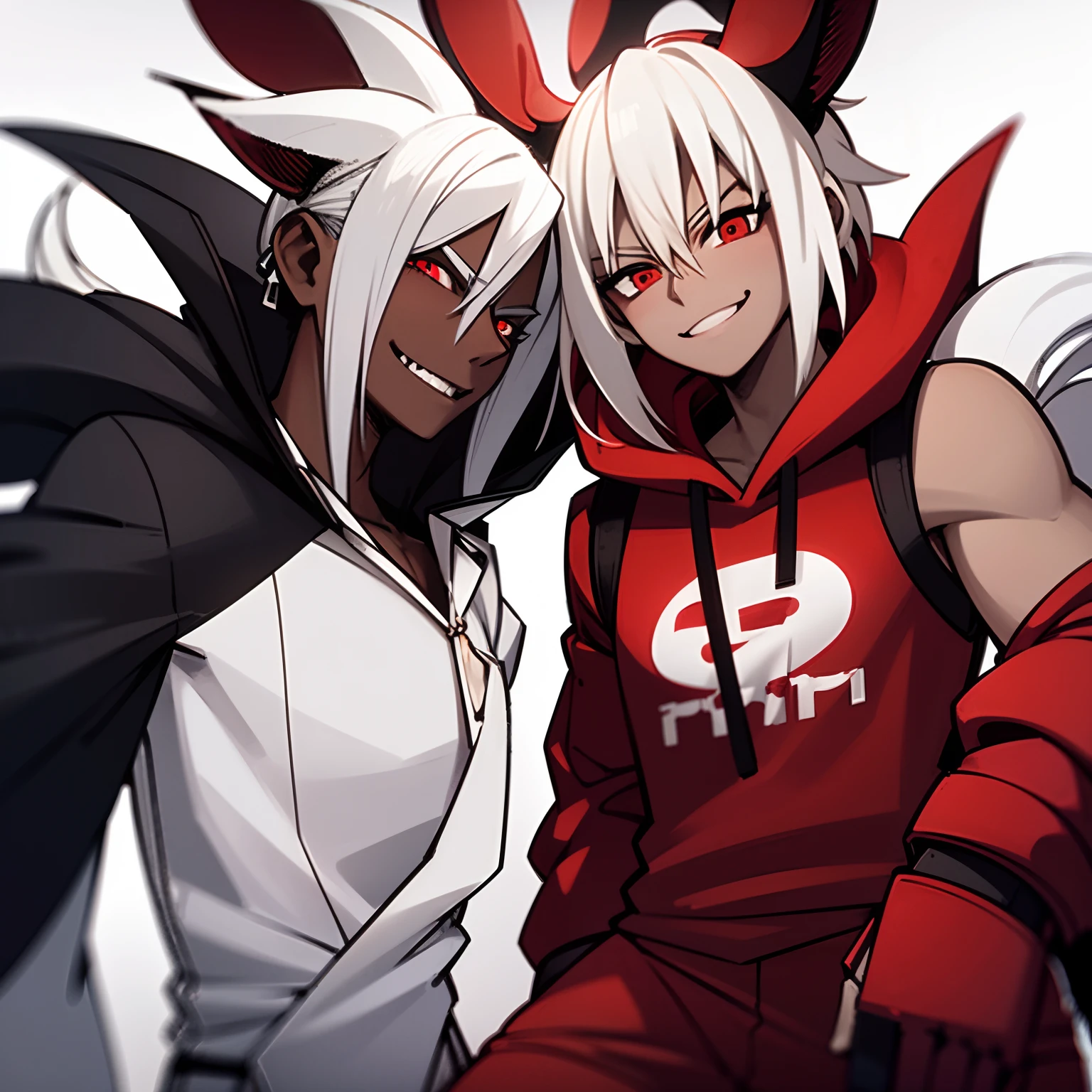 Male dark skinned red eyes white hair White long rabbit ears eyes glaring smirk smile wearing red hoodie