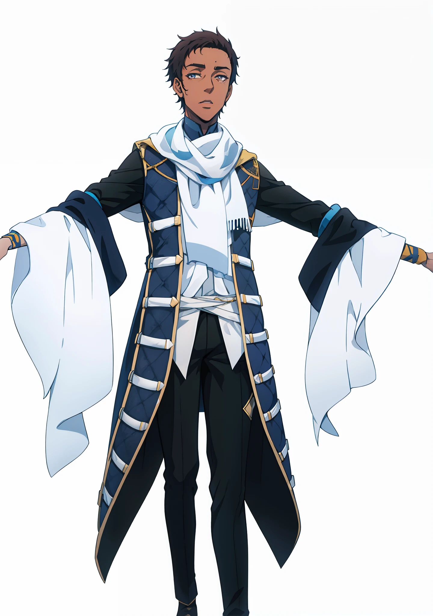 Homen ,cavaleiro , pele marrom ,olhos amarelos, Lord's Outfit Tie Scarf, hands open,