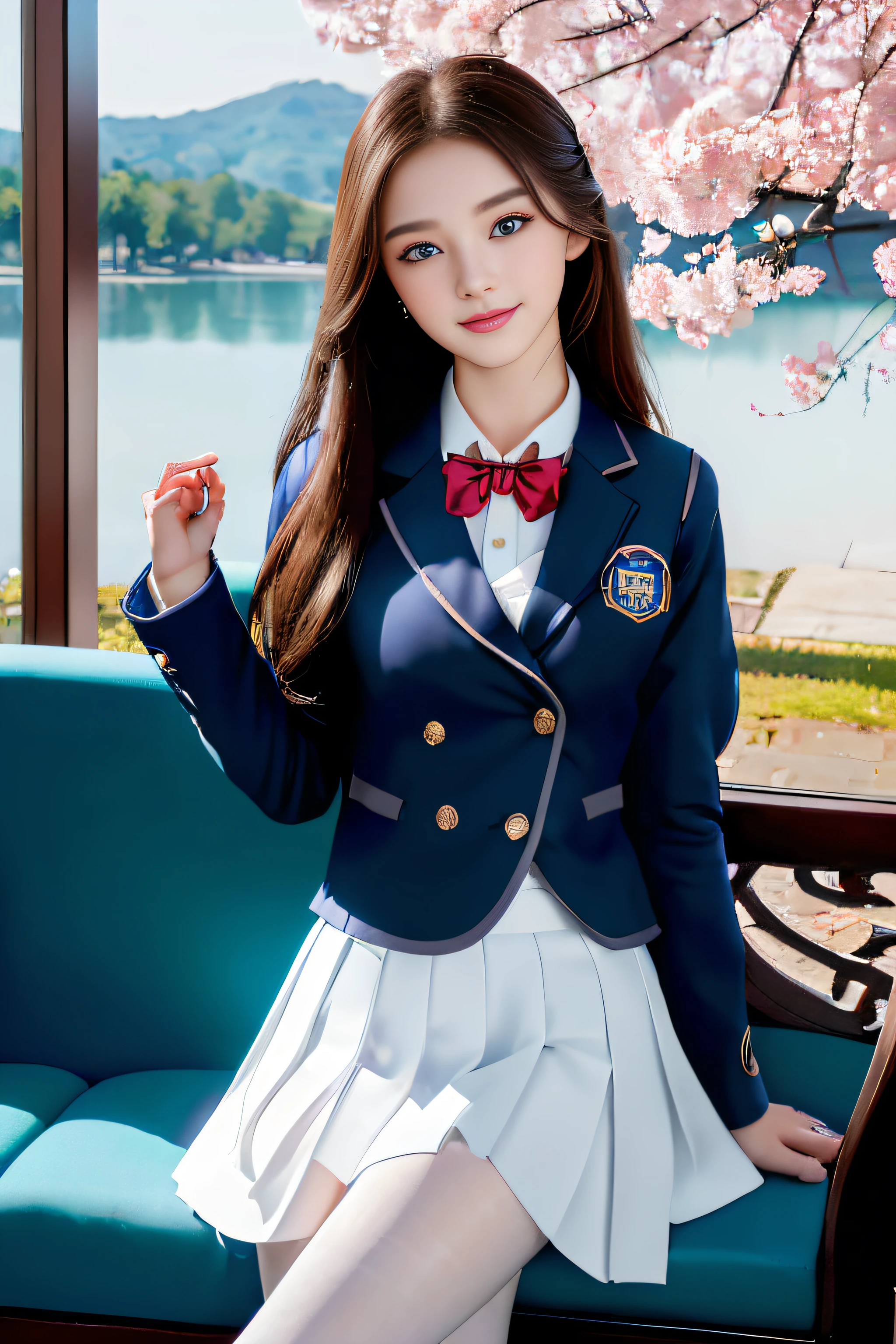 best qualtiy,tmasterpiece,hight resolution,1girll,dingdall effect,realisticlying,edge lit,two tone lighting,(highdetailskin:1.2),8K UHD,pure,Dolce,flowers background,Colorful background,Based on physical rendering,Perfect Light and Shadow,extreme hight detail,Pink tones,eye reflections,Raised sexy,perfect bodies,Superb Beauty,largeeyes,long eyelasher,Delicate eyes,(blue eyess)、big shiny eyes,Small pupil reflex,Shoulder and neck details,The texture of the pupil is delicate,Perfect eyes,black pupils,best qualtiy,tmasterpiece,16 K,a picture,head portrait,Bigchest,Medium size breasts,Delicate avatars,((Little girl standing in the waiting room by the lake)),((female students、校服),((Navy Blue Jacket、Front opening、emblem on breasts))、)(Translucent white blouse)、(red bowtie,)(White flared skirt),(Black pantyhose),(Black loafers)、(A smile)、
