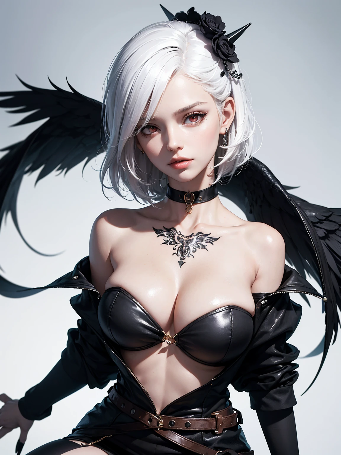 Close up, potrait ,1girl, arm tattoo, bare shoulders, black nails, black thighhighs, breasts, choker, cleavage, hair over one eye, hand tattoo, huge breasts, jacket, jewelry, looking at viewer, off shoulder, red eyes, ring, short hair, short hair with long locks, simple background, solo, tattoo, thighhighs, white background, white hair,(realistic:1.15),(shiny skin:1.2),(masterpiece:1.4),(best quality:1.4)