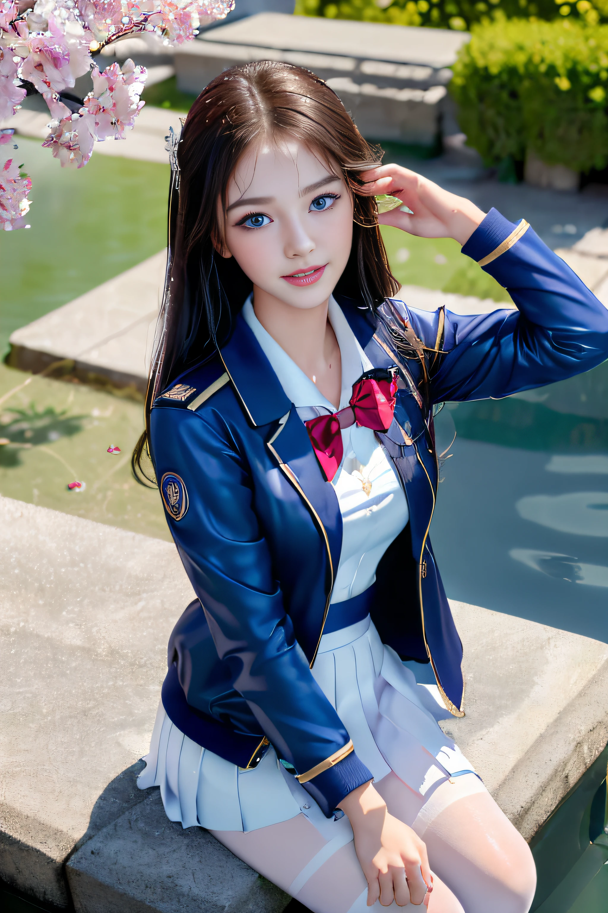 best qualtiy,tmasterpiece,hight resolution,1girll,dingdall effect,realisticlying,edge lit,two tone lighting,(highdetailskin:1.2),8K UHD,pure,Dolce,flowers background,Colorful background,Based on physical rendering,Perfect Light and Shadow,extreme hight detail,Pink tones,eye reflections,Raised sexy,perfect bodies,Superb Beauty,largeeyes,long eyelasher,Delicate eyes,(blue eyess)、big shiny eyes,Small pupil reflex,Shoulder and neck details,The texture of the pupil is delicate,Perfect eyes,black pupils,best qualtiy,tmasterpiece,16 K,a picture,head portrait,Bigchest,Medium size breasts,Delicate avatars,((Little girl standing in the waiting room by the lake)),((female students、校服),((Wet Navy Blue Jacket、Front opening、emblem on breasts))、)(Wet translucent white blouse)、(red bowtie,)(White flared skirt),(Black pantyhose),(Black loafers)、(a smile)、((she is soaking wet)),