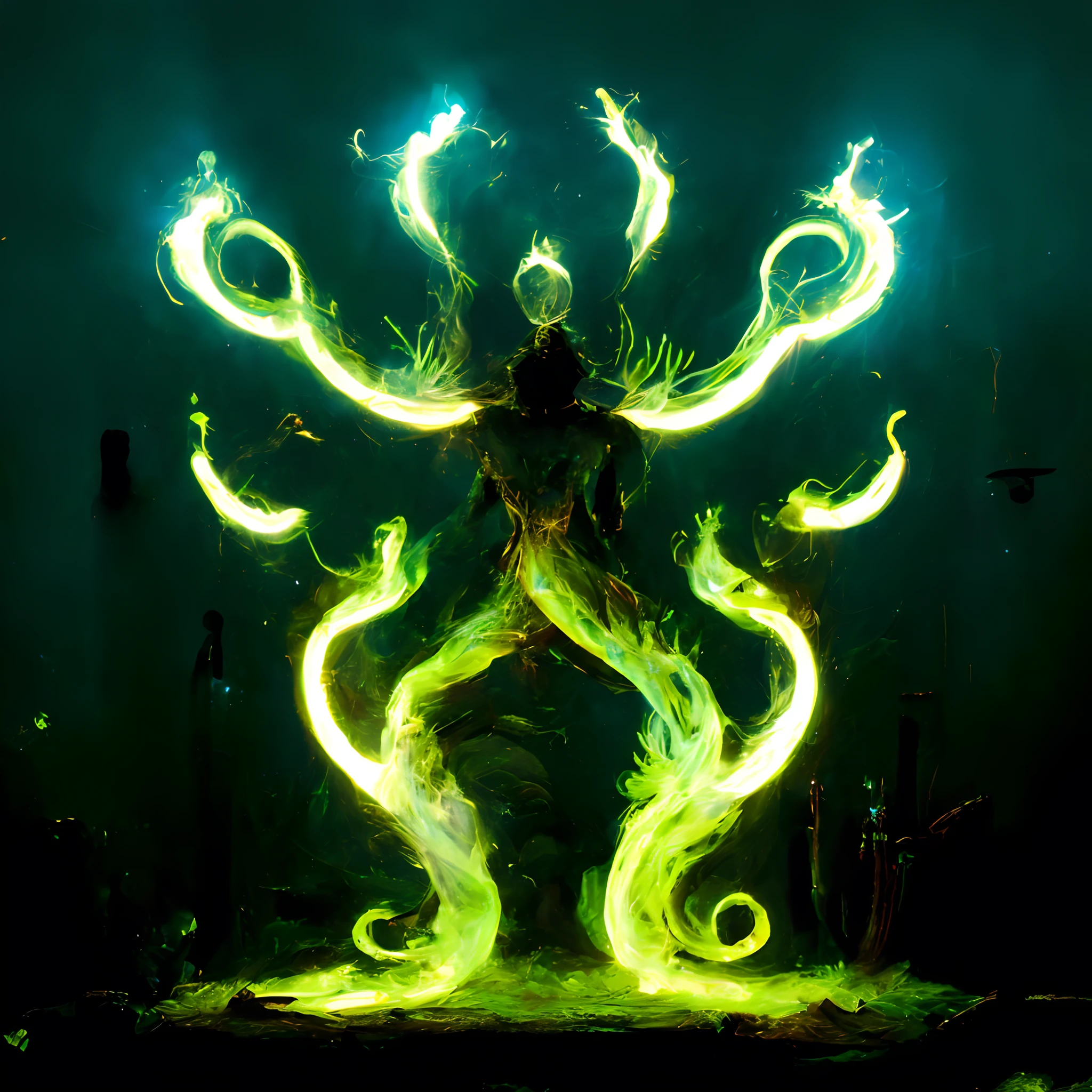 arafed image of a man with glowing arms and legs, elemental guardian of life, glowing electric aura, glowing guy creature, liquid glowing aura, ghost of the fire spirit, glowing dark aura, inverse dark glowing power aura, large diffused glowing aura, glowing aura, glowing and epic, fire elemental, luminous water elemental