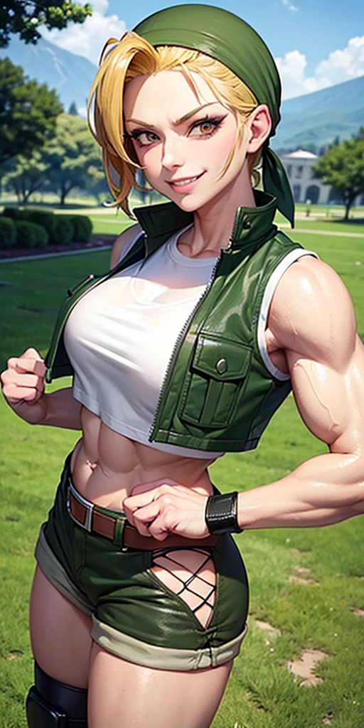 masterpiece, best quality, outdoors, on grass, grass,
cosmieyes, reflection, brown eyes, colored eyelashes, eyelashes,
eridef, 1girl, solo, looking at viewer, blonde hair, vest, bandana, breasts, shorts, navel, midriff, crop top, belt, short shorts, hat, knee pads, large breasts, abs, muscular, smug, muscular arms, muscular, very muscular, very muscular arms, large muscles, super muscular, huge breasts, giant breasts, gigantic breasts, slim waist, muscular midriff, smug, smirk, evil grin, goth, fishnets, dark clothes, black clothes, black lipstick, cleavage