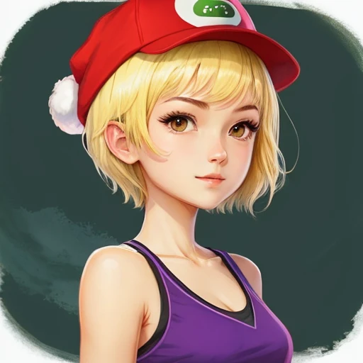 Draw a tomboy girl with short blonde hair and a yoshi hat, desenhe no estilo anime