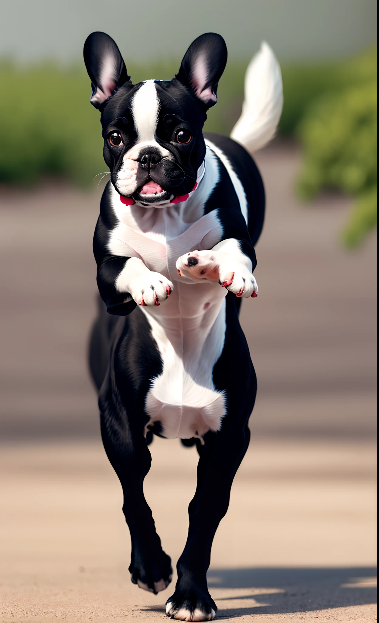 White and black French bulldog running away with a bun