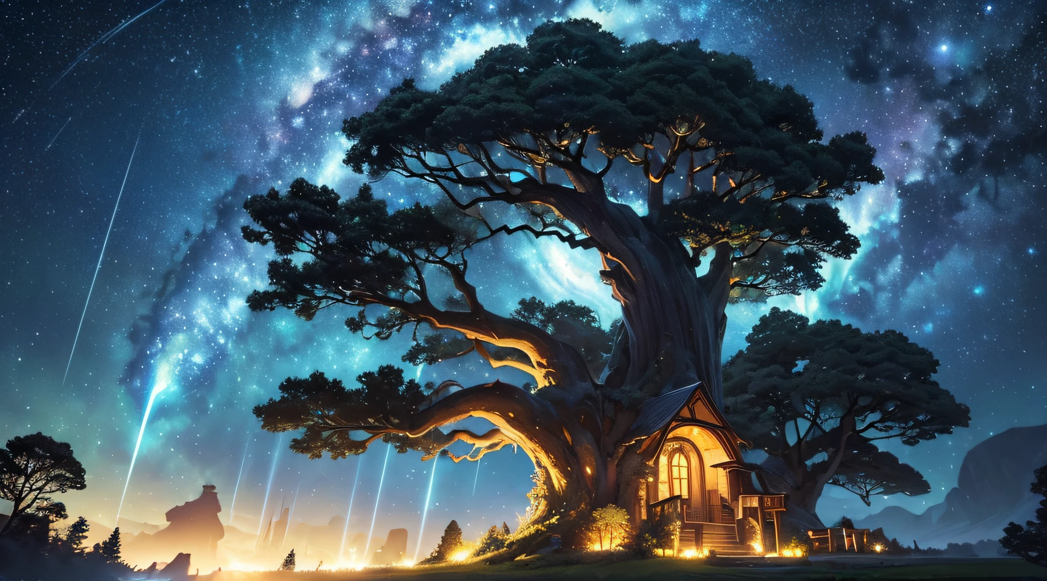 ​masterpiece、Background with((Fantastic starry sky、meteors、black hole))、Depth((Huge mysterious giant tree、Tree House、It emits yellow light、plants))、a beauty girl、onepiece、Rear view、