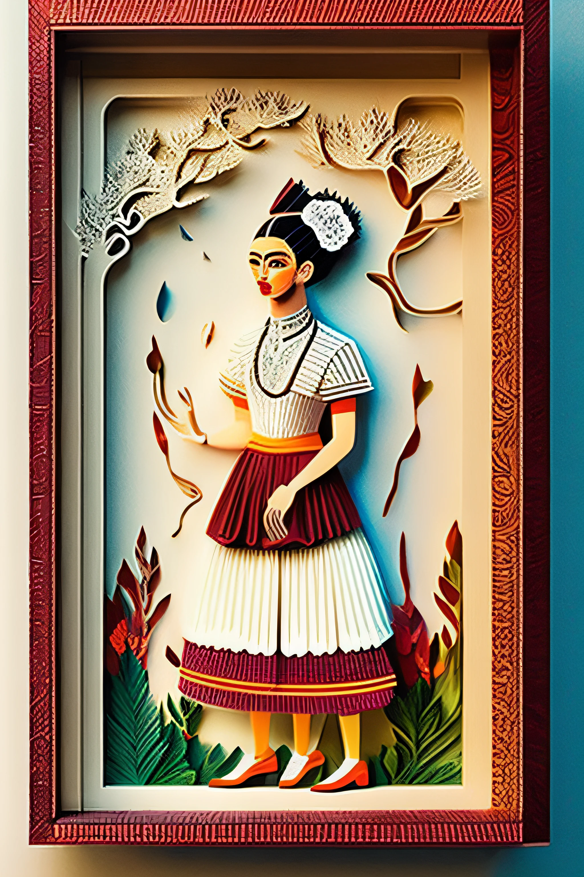 A detailed and vibrant portrait of papercut of frida kahlo. Inside wood cabinet with open doors.