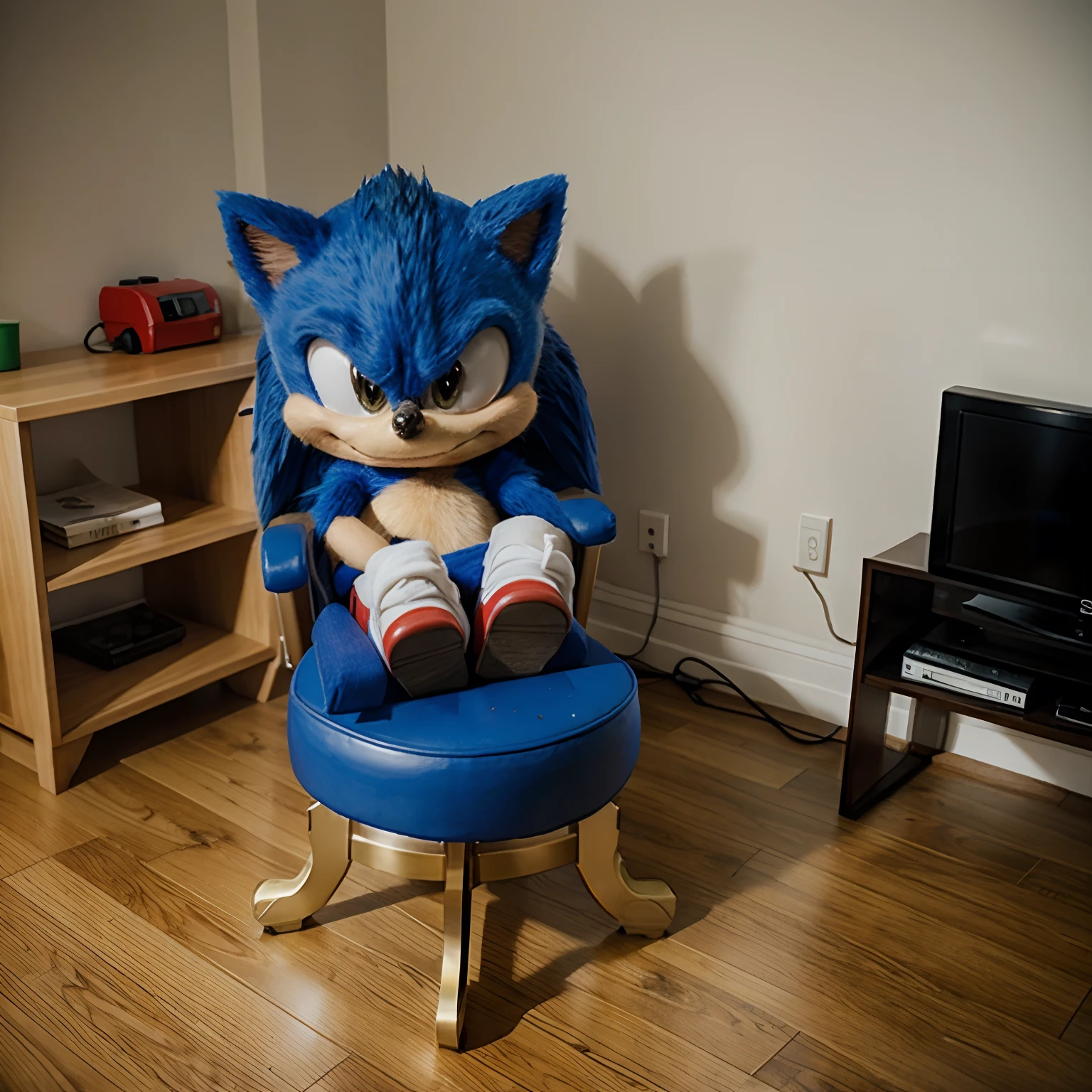 Hyper realistic sonic the hedgehog sitting in room sad