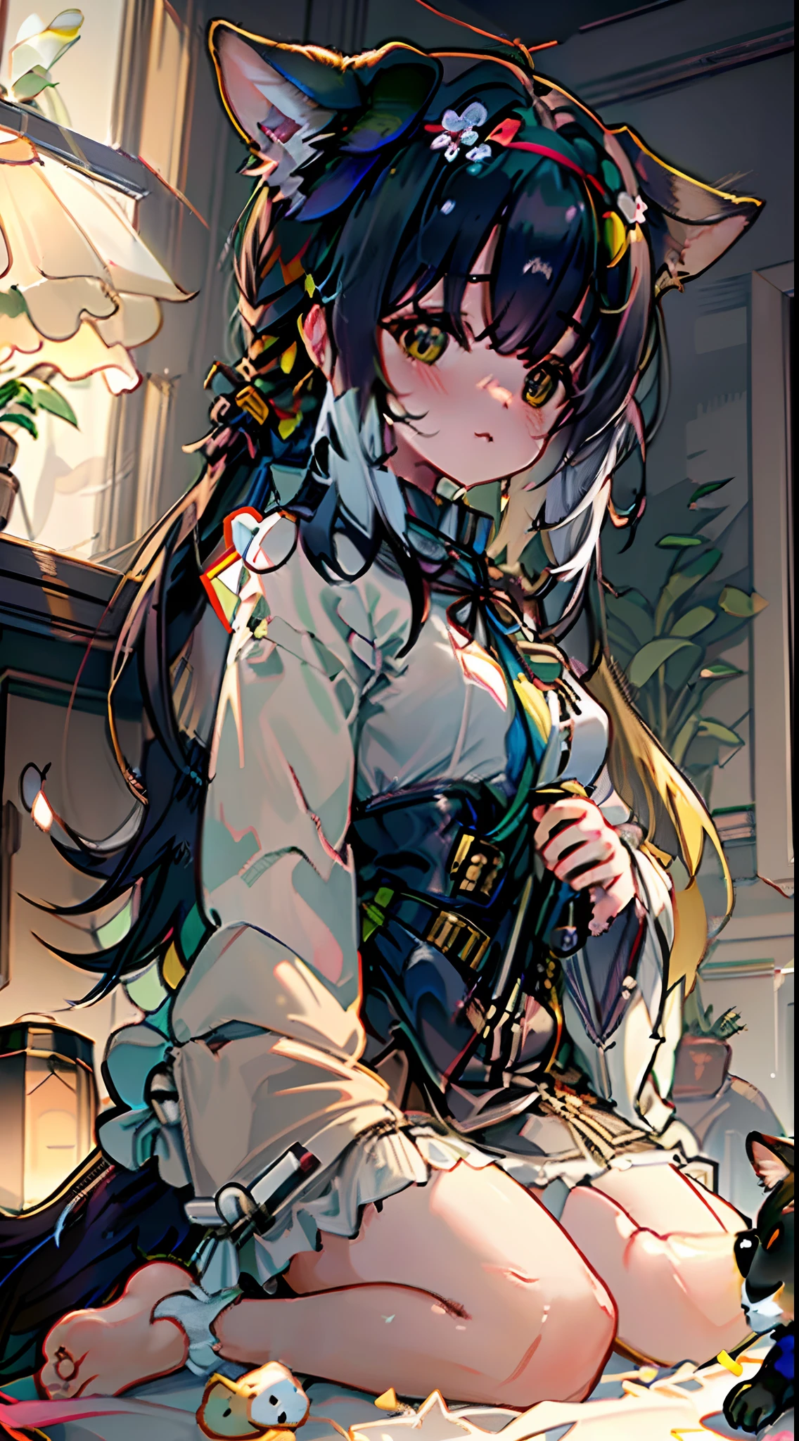 1girl,barefoot,sitting,indoors,black hair,(dog:1.5),plant,animal,hair bun,looking at viewer,potted plant,single hair bun,bangs,solo,window,closed mouth,lamp,black eyes,full body,petting,wide sleeves,holding,on lap,sidelocks,long sleeves,blush,mangguo,, masterpiece,best quality,highly detailed,Amazing,finely detail,extremely detailed CG unity 8k wallpaper,score:>=60,, beautiful detailed eyes,Fine hair texture,