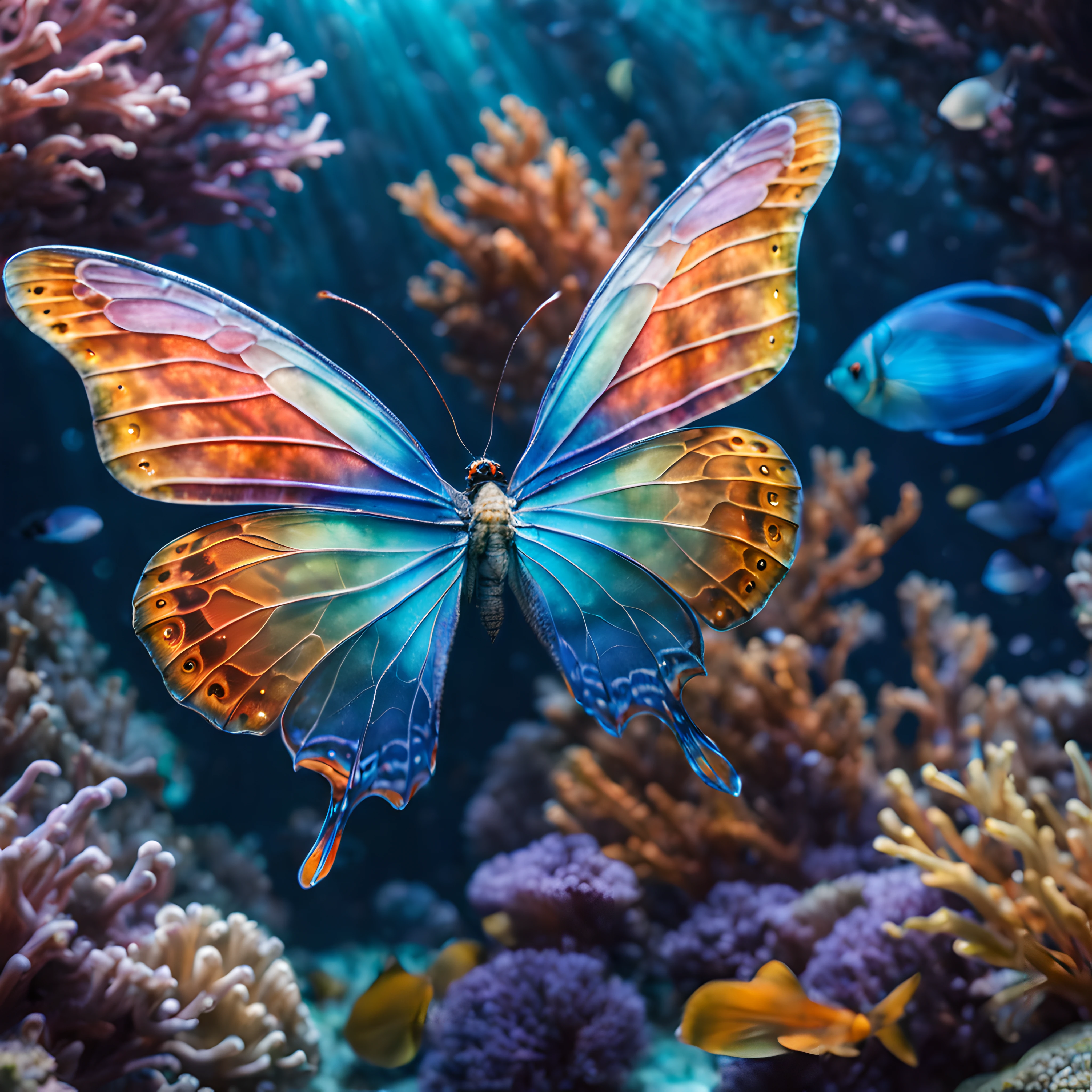 imagine an extraordinary underwater world where a mesmerizing underwater butterfly gracefully glides through the depths, picture this enchanting being with translucent delicate wings that mimic the shimmering hues of the ocean, its wingspan is adorned with iridescent patterns reminiscent of coral reefs and sea plants reflecting the vibrant colors of marine life