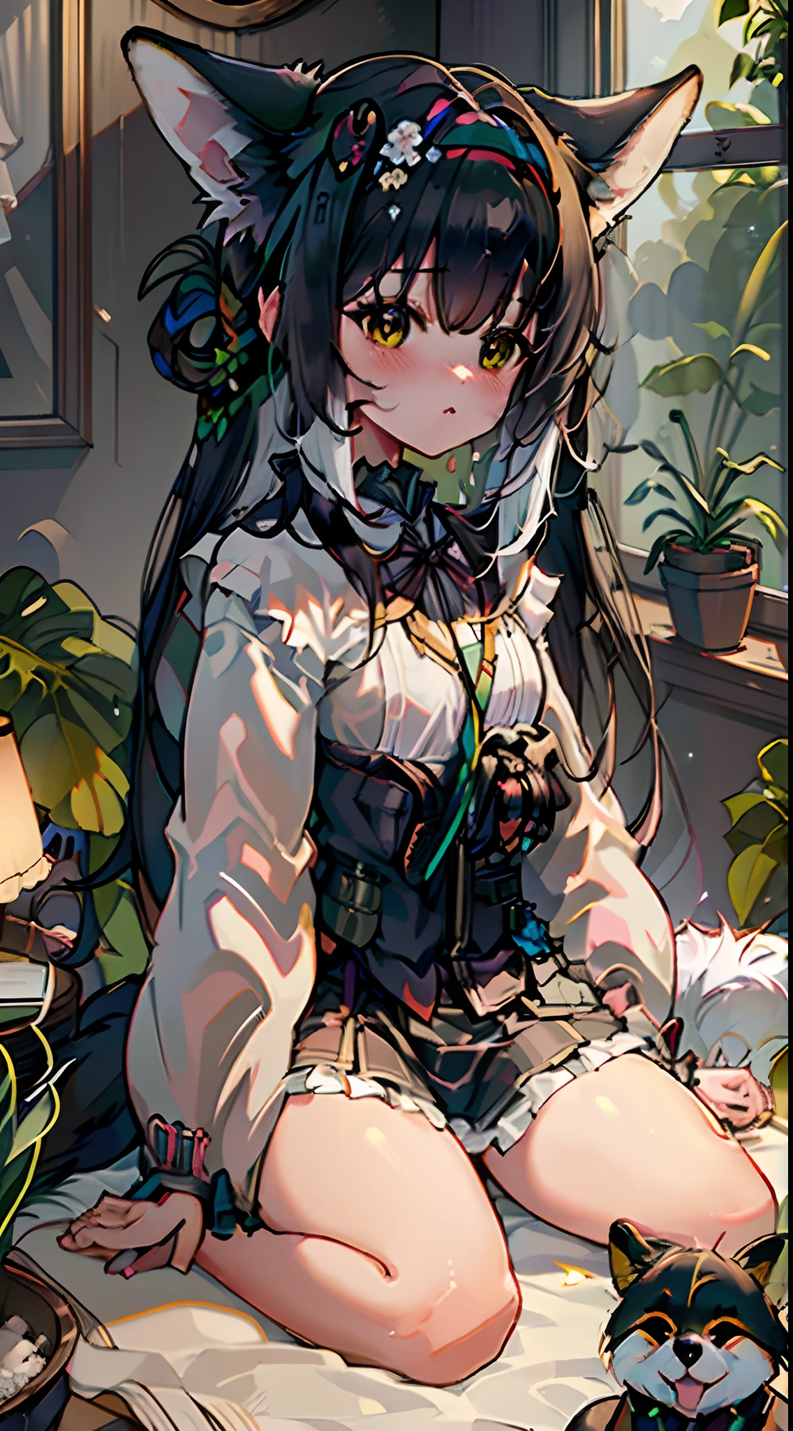 1girl,barefoot,sitting,indoors,black hair,(dog:1.5),plant,animal,hair bun,looking at viewer,potted plant,single hair bun,bangs,solo,window,closed mouth,lamp,black eyes,full body,petting,wide sleeves,holding,on lap,sidelocks,long sleeves,blush,mangguo,, masterpiece,best quality,highly detailed,Amazing,finely detail,extremely detailed CG unity 8k wallpaper,score:>=60,, beautiful detailed eyes,Fine hair texture,