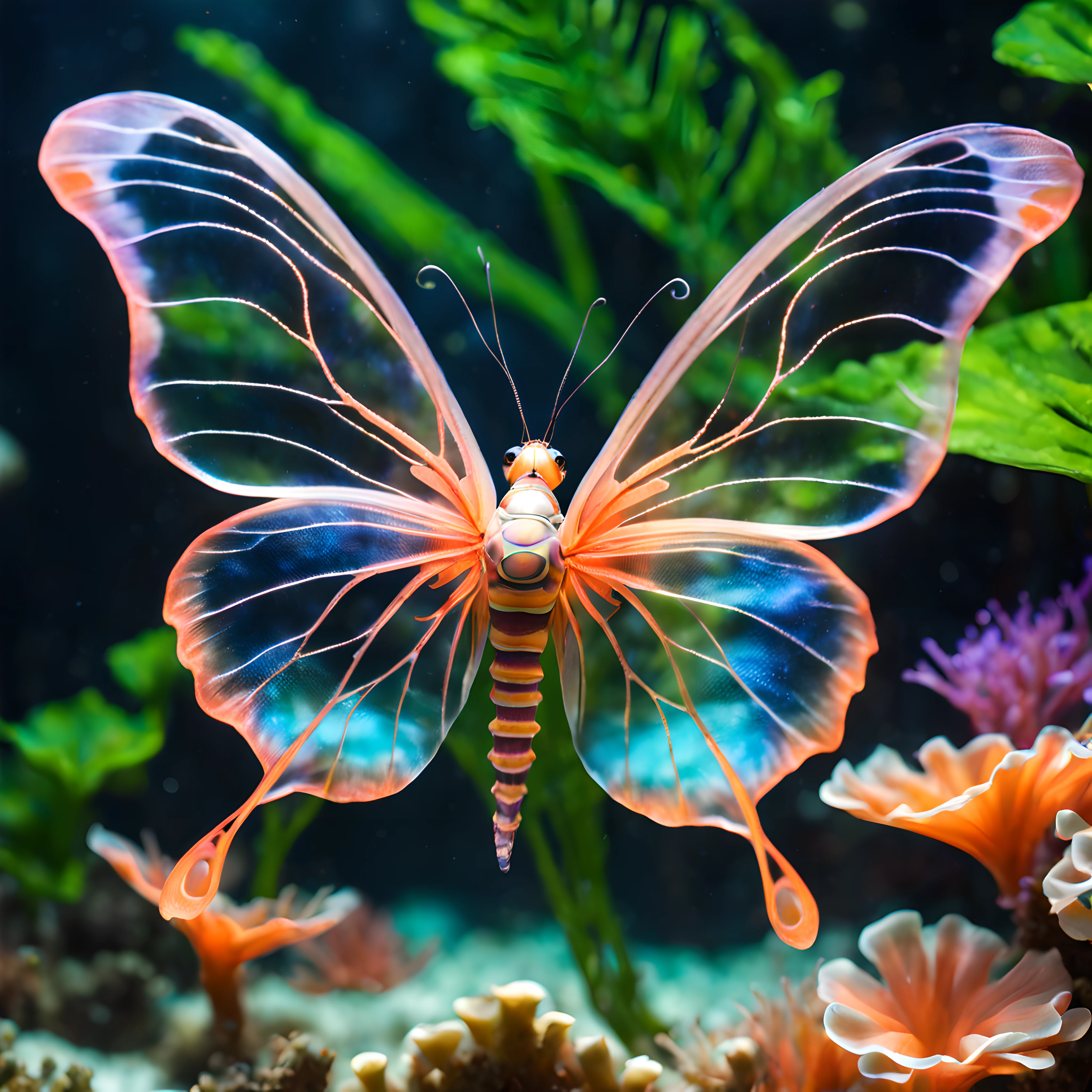 imagine an extraordinary underwater world where a mesmerizing underwater butterfly gracefully glides through the depths, picture this enchanting being with translucent delicate wings that mimic the shimmering hues of the ocean, its wingspan is adorned with iridescent patterns reminiscent of coral reefs and sea plants reflecting the vibrant colors of marine life